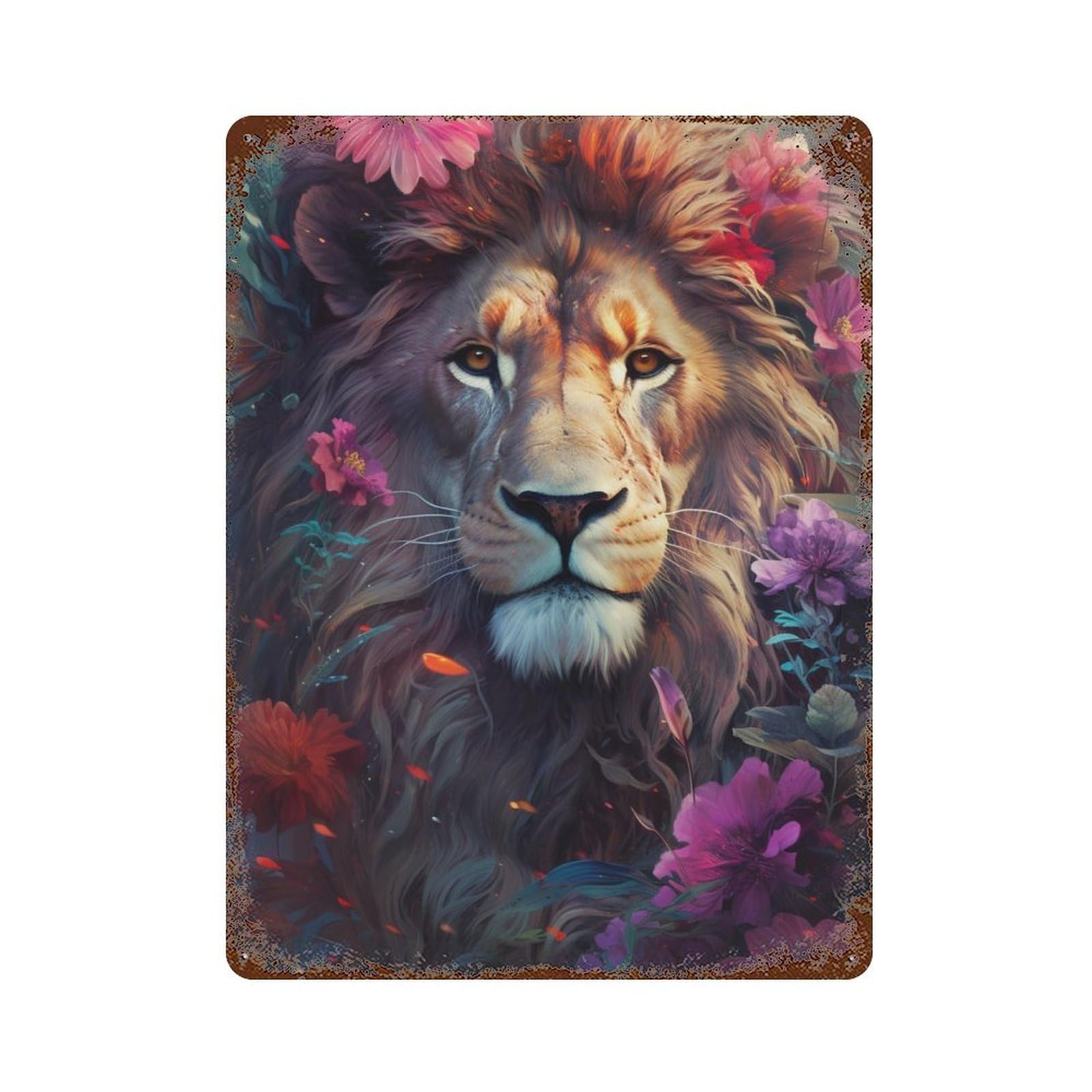 Garage Style Lion Flowers Fantasy Artwork Retro Metal Sign 15.7"x11.8", Industrial Home Decor for Bar And Workshop