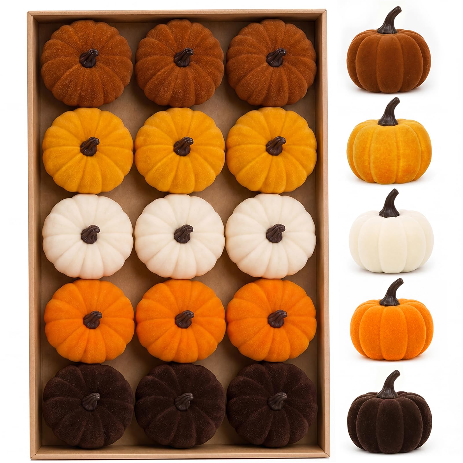 XmasExp 15Pcs Velvet Fall Pumpkins Decor Thanksgiving Harvest Table Decorations Artificial Small Assorted Pumpkin for Farmhouse Fall Wedding Party Home Centerpiece Indoor (Darkbrown)