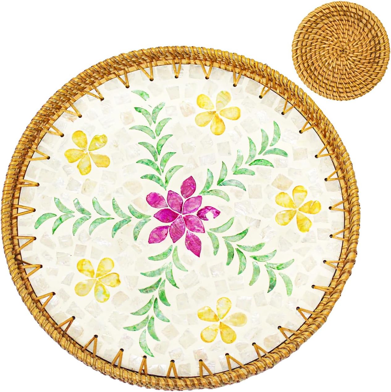 decorative round serving tray for coffee table, rattan tray with mother of pearl home decor, wicker tray for kitchen bathroom living room counter dresser, bread fruit food baskets (purple bloom)