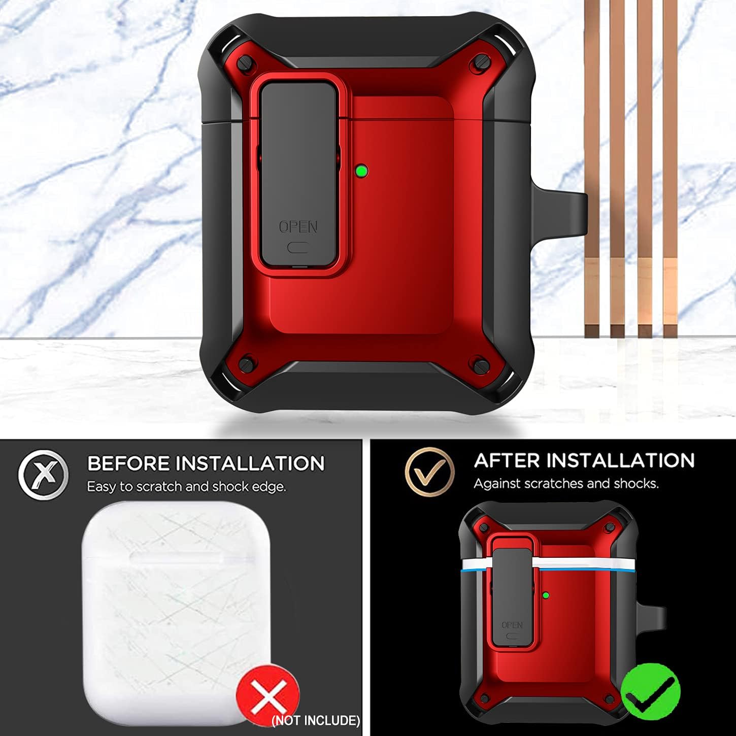 YOMPLOW Armor Airpods Case, [Secure Lock] Air Pods Full-Body Rugged Protective Case Men Charging Skin Shockproof iPods Case Cover with Carabiner for Apple Airpods 2&1 - Black/Red