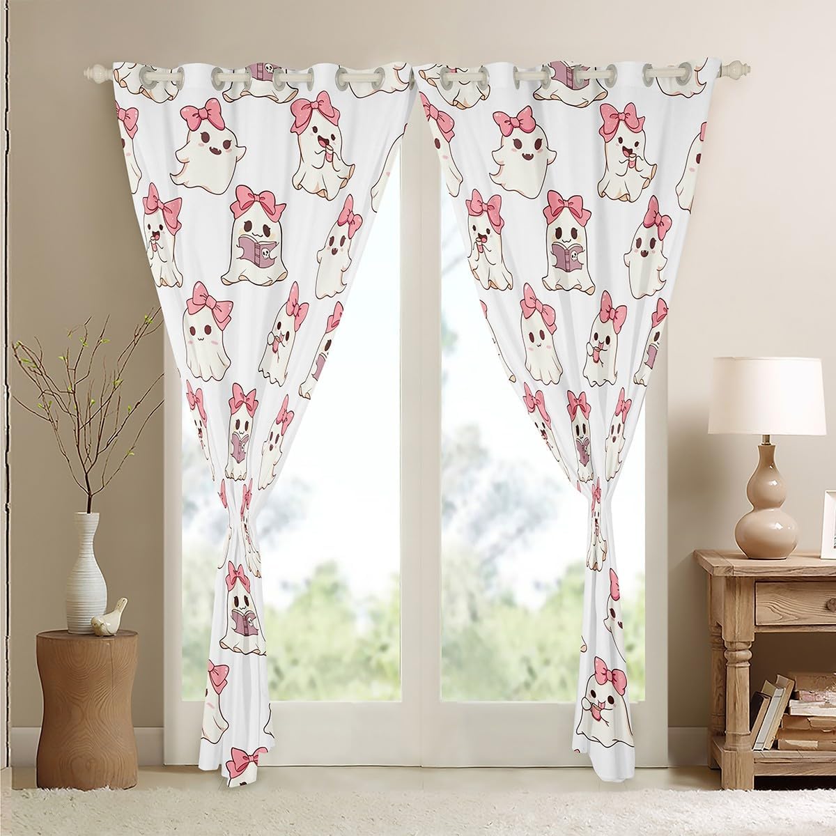 jejeloiu Kids Cute Ghost Curtains for Bedroom Living Room (2 Panels, 38 x 54 Inch) Boys Girls Pink Bowknot Blackout Curtains Kawaii Cartoon Ghost Book Book Darkening Drapes Halloween Theme