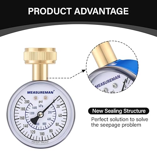 Miniatura 45 de Measureman - Manómetro de presión de agua de 0-200 psi, esfera de 2.5", medidor de presión para boquilla de manguera, probador de presión de agua