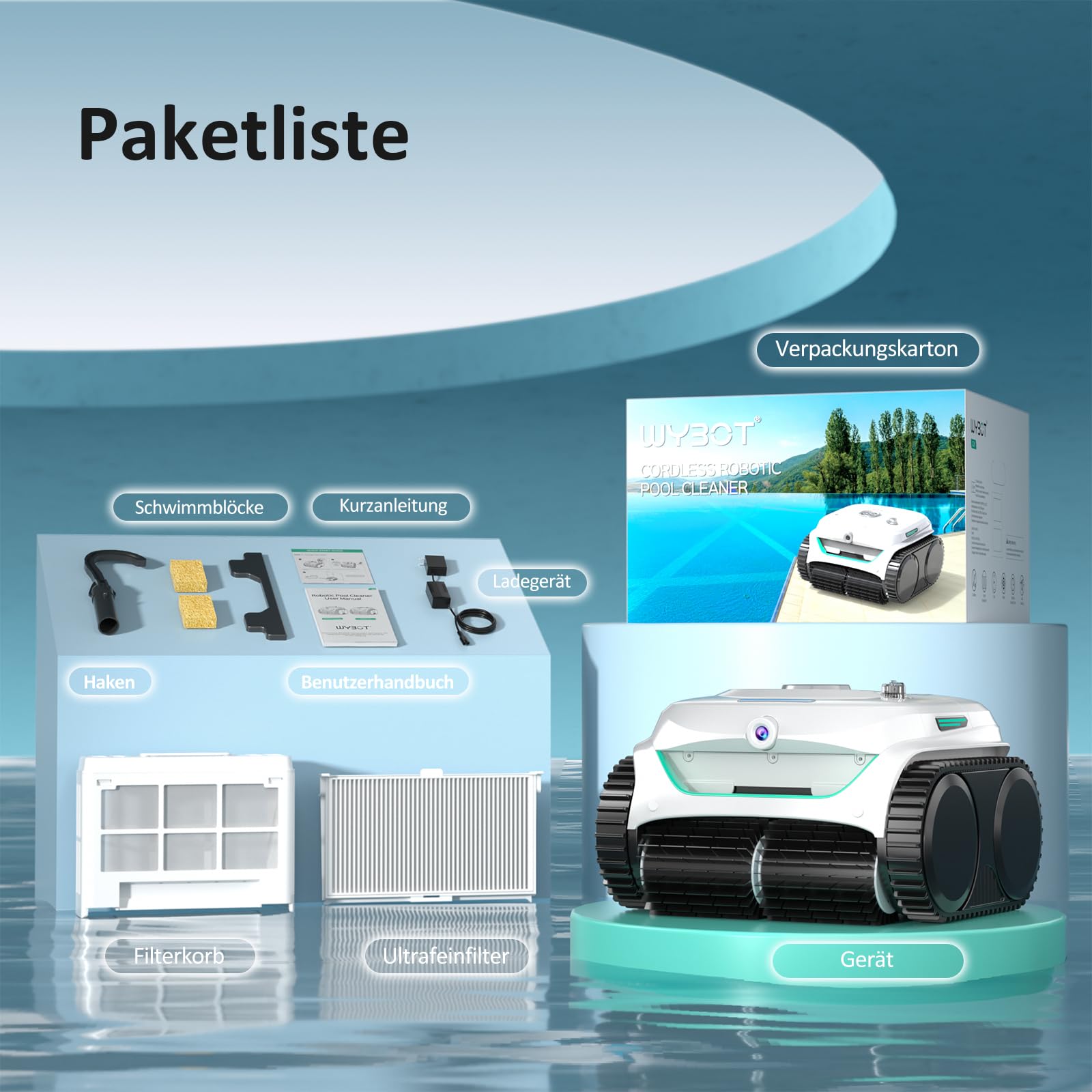 WYBOT C2 Vision AI, bezprzewodowy robot basenowy z akumulatorem, podłoga i ściana, dwuwarstwowa filtracja, wydajny odkurzacz, do basenów do 180 ㎡ (biało-zielona)