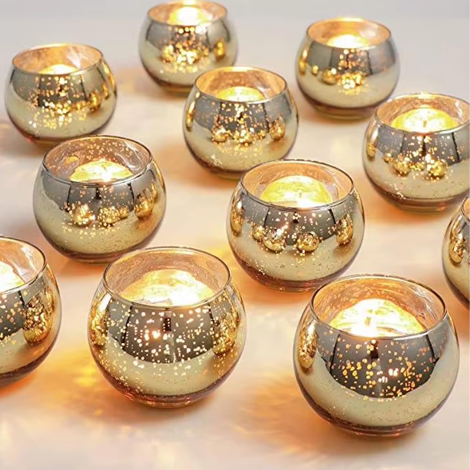 12pcs Tealight Candle Holders, Round Mercury Glass Votive Candle Holders,for Table Centerpieces, Weddings, Rehearsal Dinners, Halloween & Thanksgiving Decorations Indoor Gold