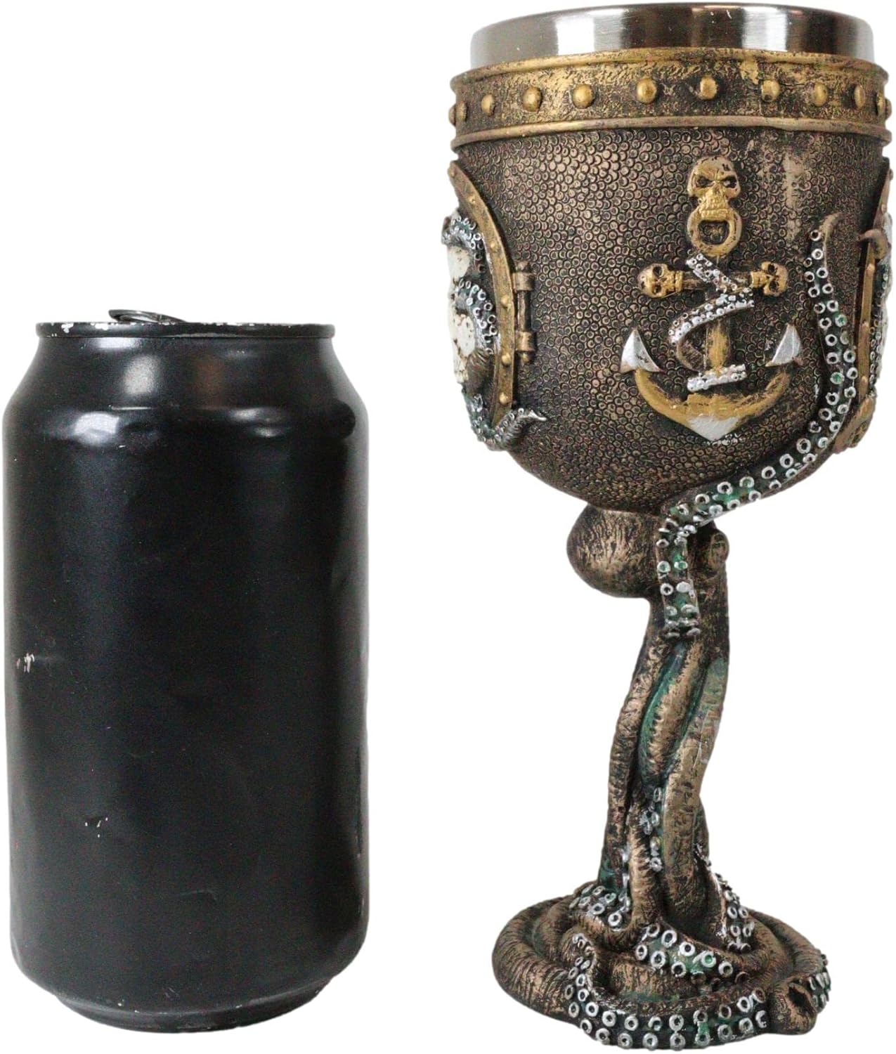 Ebros Nautical Cthulhu Cosmic Giant Octopus Wrecking Human Skull In Porthole Frame With Anchor Wine Goblet 7 oz Resin Drink Beverage Chalice With Stainless Steel Liner And Twisted Tentacles Stem Base