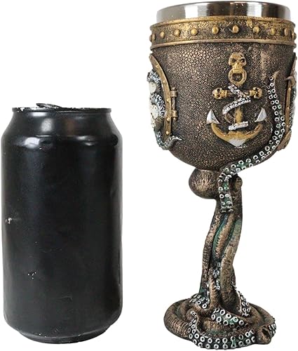 Miniatura 7 de Ebros Nautical Cthulhu - Calavera humana cósmica de pulpo gigante en marco de ojo de buey con ancla copa de vino de 7 onzas, cáliz de bebida de