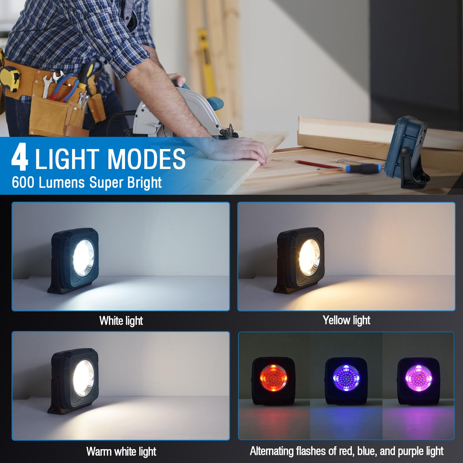 Lámpara de Trabajo LED Recargable, 4 Modos, Alta Luminosidad | Ajustable y giratoria, magnética, indicador de batería, 3600 mAh, apta para talleres, obras y situaciones de emergencia
