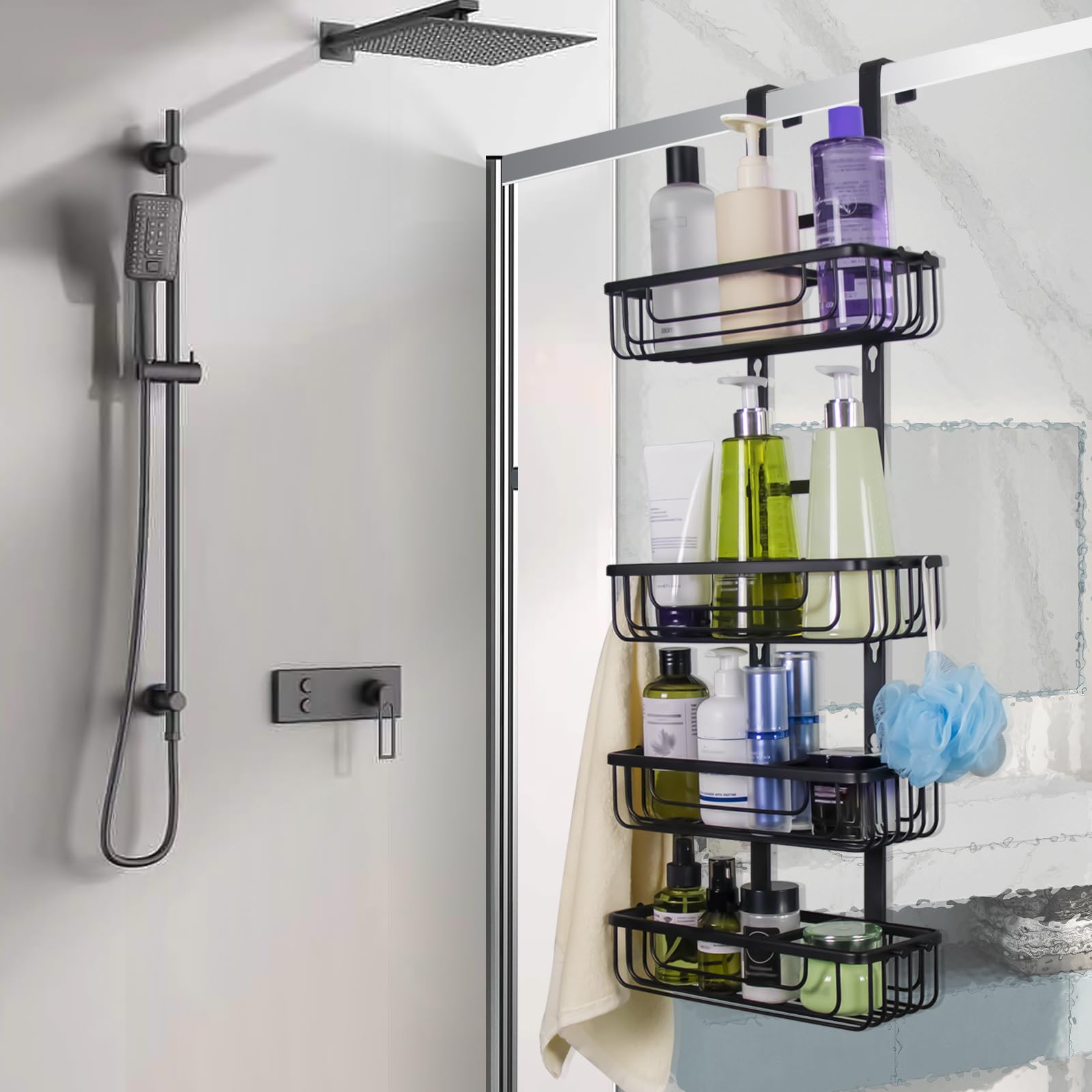 Duwee Estantería de Ducha Organizador para Colgar sobre la Puerta, 4 Niveles, Ajustable, con Gancho, Cesta de Almacenamiento a Prueba de Óxido, Sin Taladrar, para Champú, Gel de Ducha, Color Negro