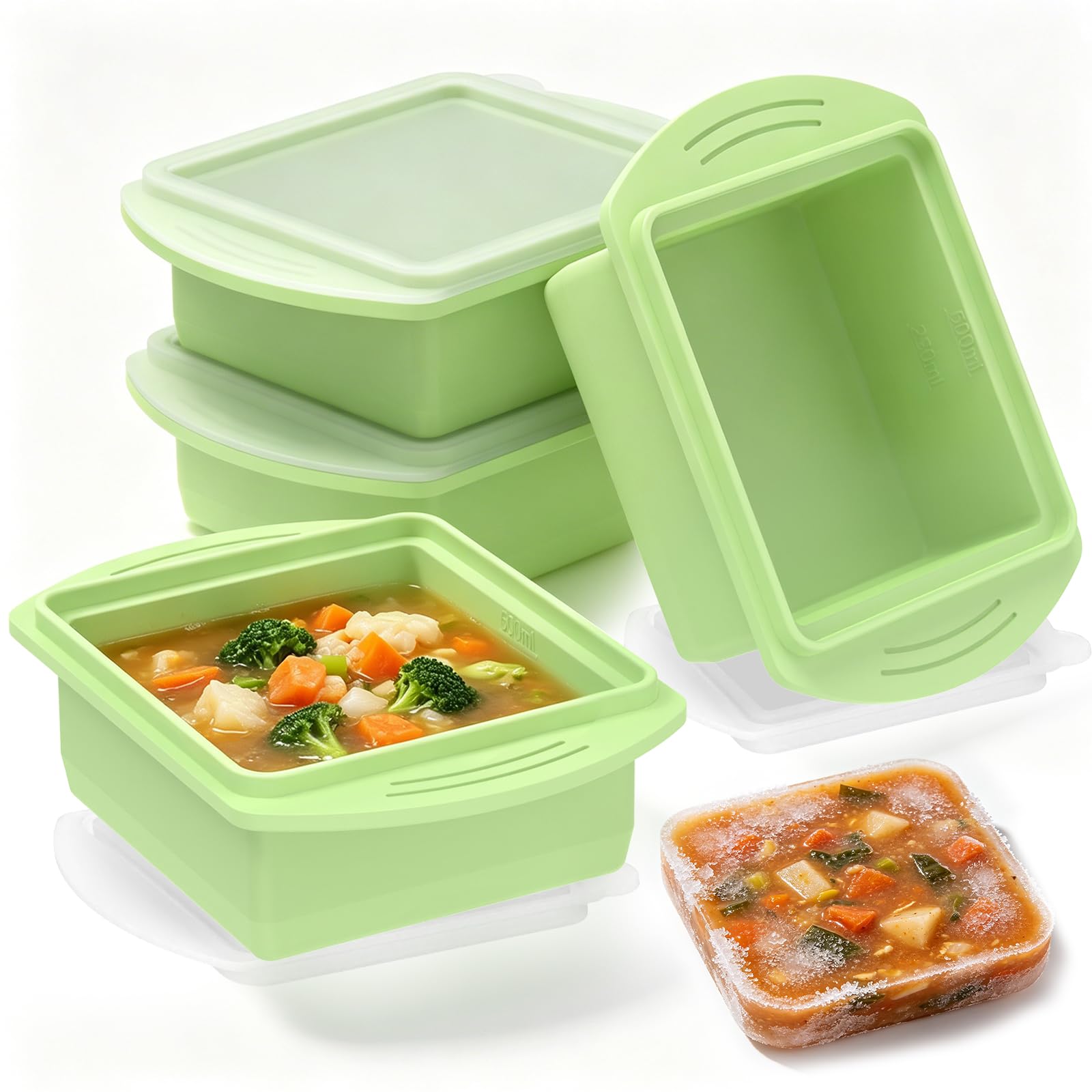 YJQXMYU 4Pack Soup Freezer Mould with Lids, 500ml Silicone Portion Freezer Tray, Stackable Meal Prep Containers, Flexible Non Stick Molds for Freezing, Batch Cooking, Broth, Sauce, Butter(Green)