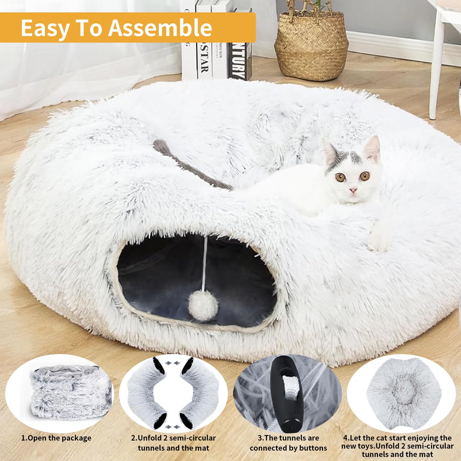 Katzentunnel, Tunnel für Katzen Rund mit Schlafplatz & Bed,Multifunktionales Faltbar Katzen Tunnel Katzenhöhle mit Spielball Interaktives Spielzeug für Indoor Kitten (Grau)