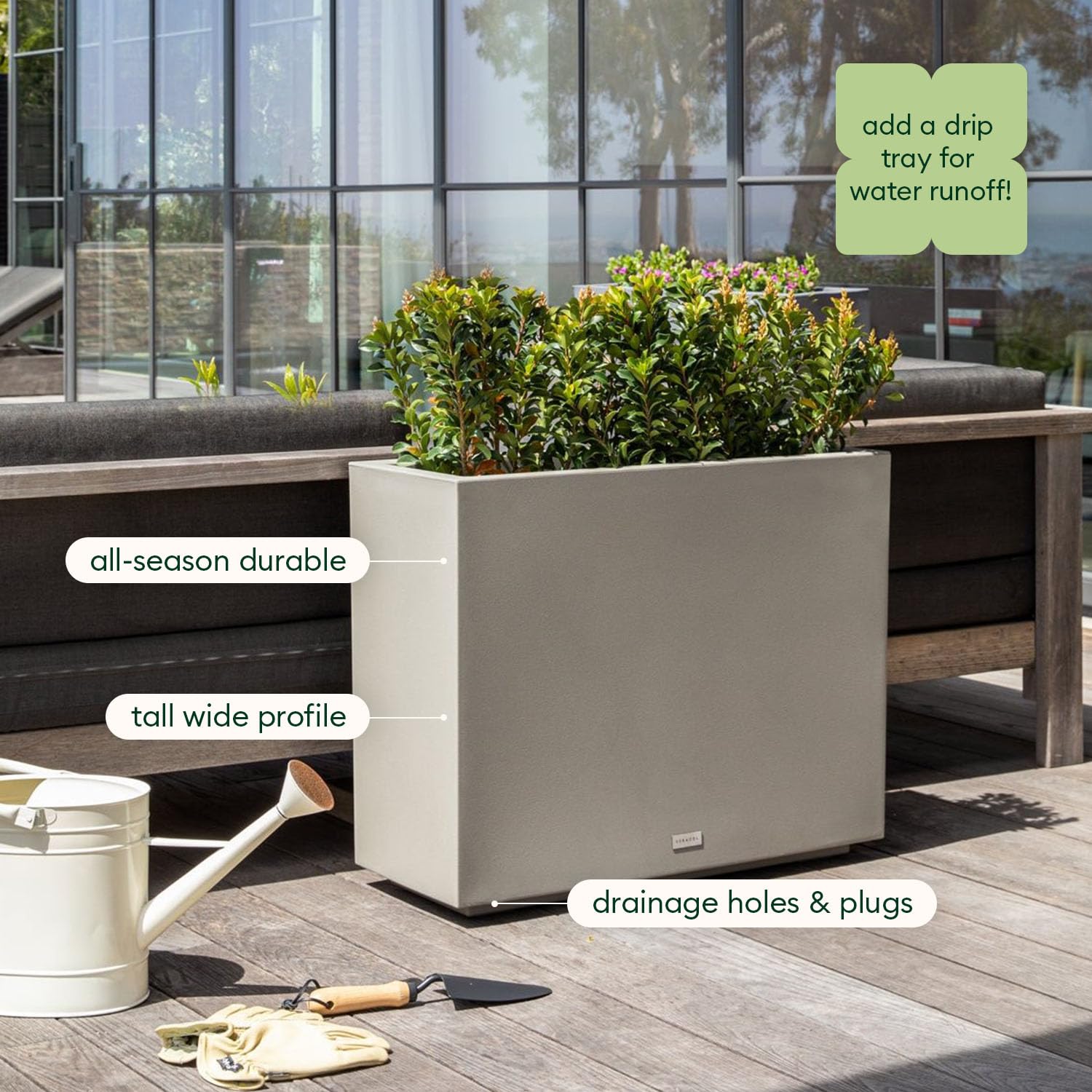 Veradek Block Series Span Plastic Planter - Tall Rectangular Planter for Indoor or Outdoor Patio/Porch | Durable All-Weather with Removable Insert Bucket | Modern Design for Plants, Flowers, Garden: Gray Short