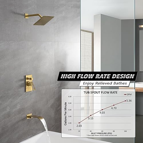 Miniatura 3 de sumerain Juego de grifo de ducha y bañera de montaje en pared, dorado cepillado con cabezal de ducha de 8 pulgadas, boquilla de bañera en cascada y