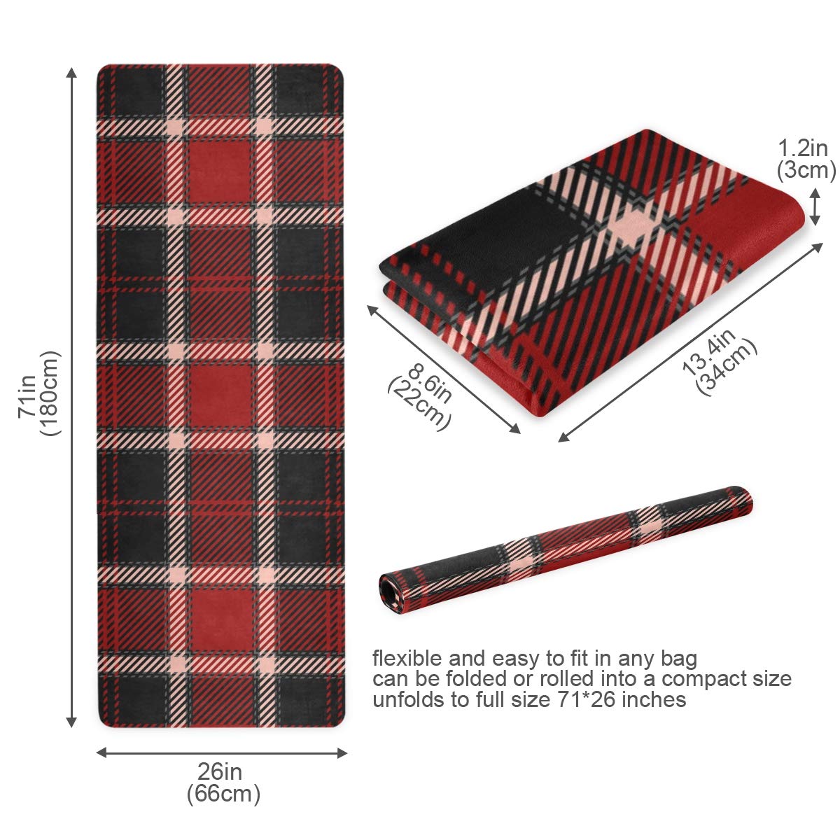 ALAZA Red Black and Pink Tartan Plaid Scottish Yoga Mat Non Slip Fitness Exercise Mat, Workout Mat for Yoga, Pilates and Floor Exercises