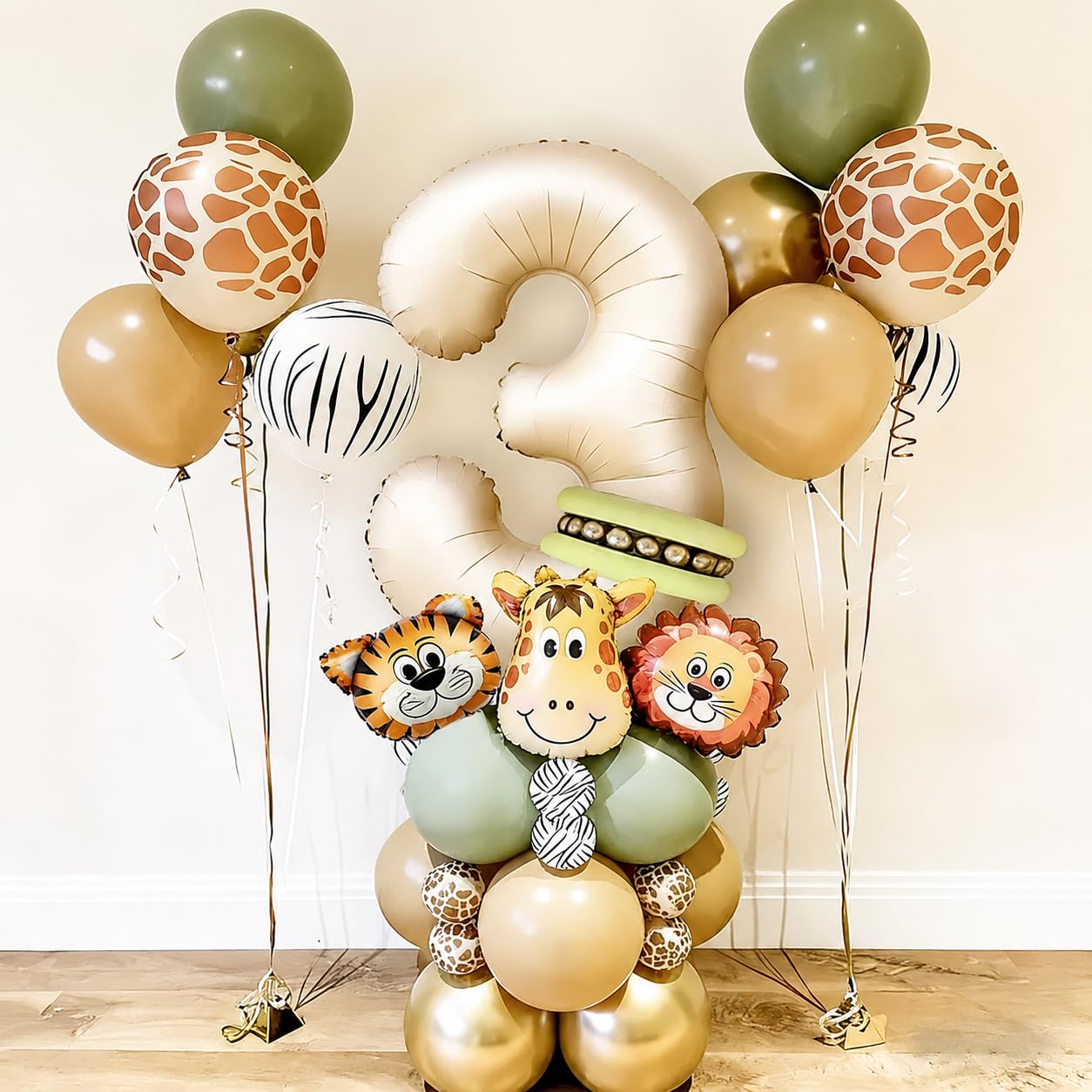 40Pcs 3rd Birthday Balloons, Jungle Safari Birthday Decorations with 40 Inch Number 3 Balloon, Animal Foil Balloons, for Boys & Girls Anniversary Party Decor