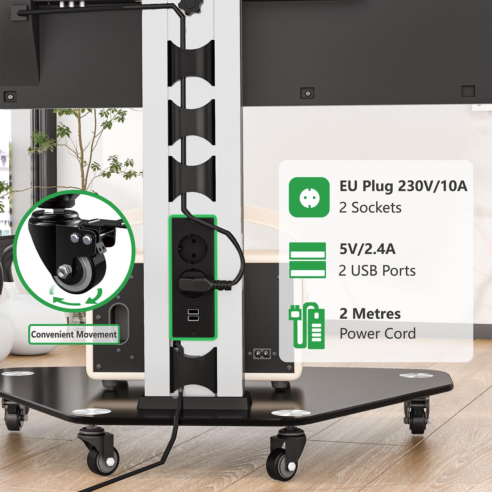 Proton 100 mobiler TV Ständer, rotierbar, Steckdosen, USB-Ports, Höhe VESA 135cm, Hoch- Querformat 32-75 Zoll 40 kg Alu Schwarz