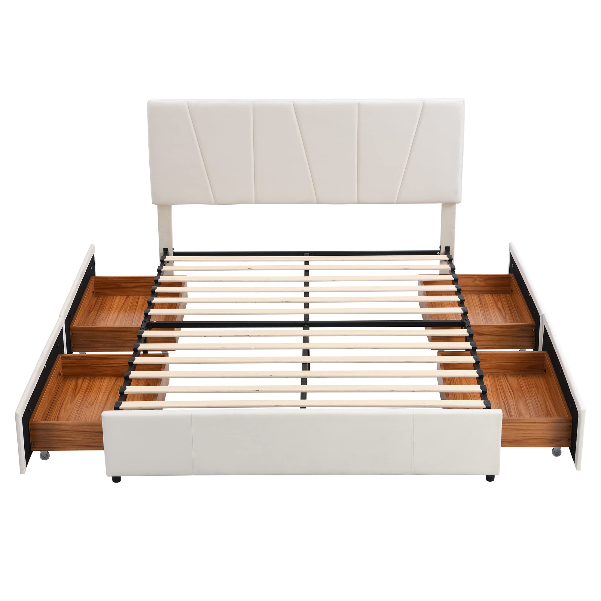 Merax Queen Upholstered Storage Bed, Wood Platform Bed Frame with 4 Storage Drawers and Adjustable Velvet Headboard (Queen Size, Beige)Box 1 of 2 ONLY