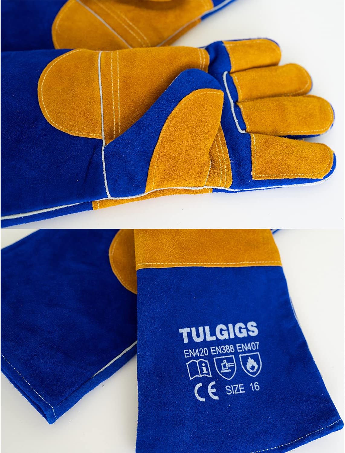 TULGIGS 16inches 932℉ Premium Leather Welding Gloves Gauntlets Extreme Heat & Abrasion Resistant BBQ Grilling Leather Welders Glove Mitts With Reinforced Thumb Strap (Blue) - - 