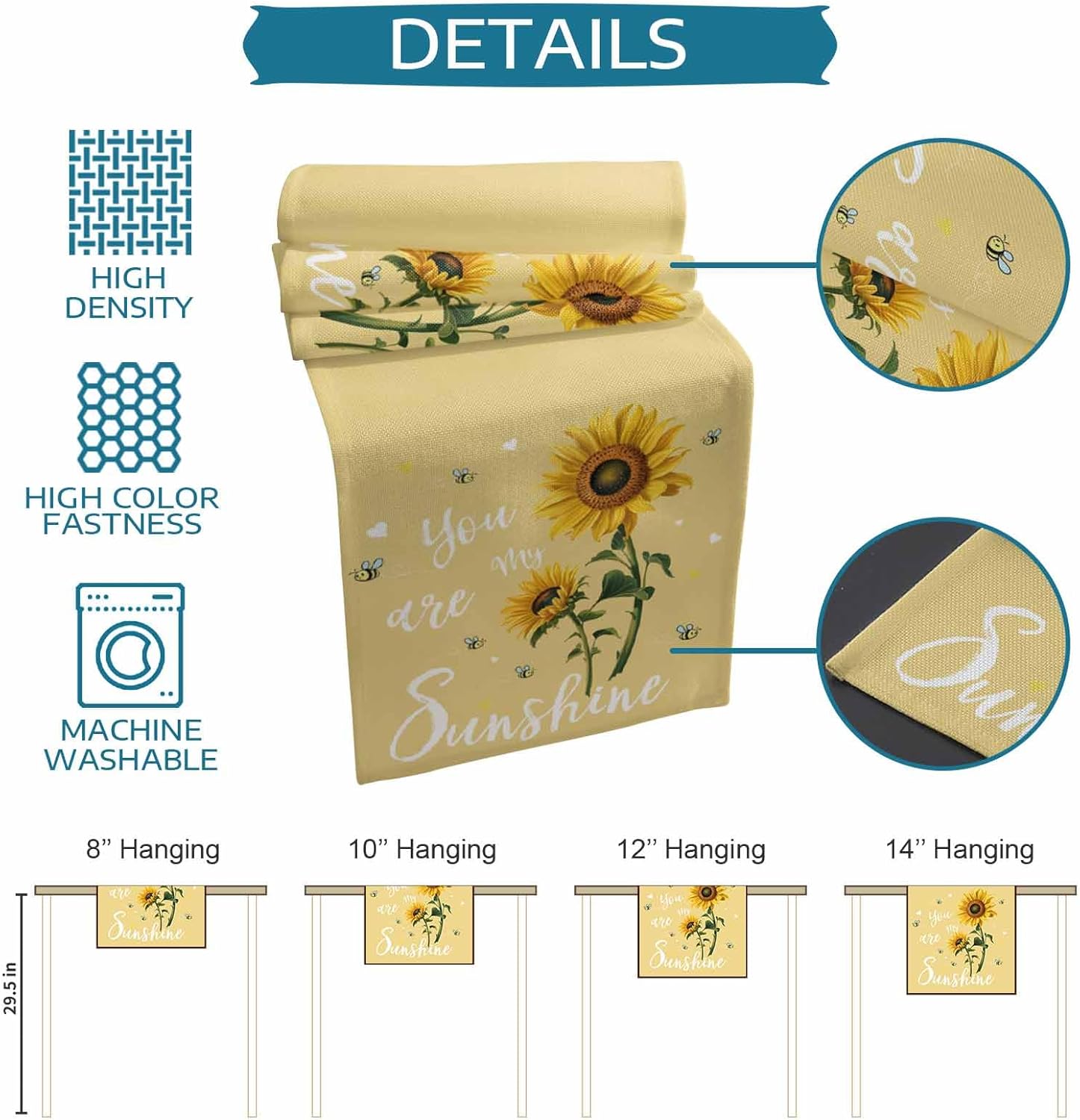 Summer Table Runner 120 Inches Long Rustic Flower You are My Sunshine Yellow Tablerunner Long for Round Table Kitchen Coffee Dining End Table Living Room Use