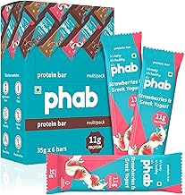 Phab Strawberries & Greek Yogurt Protein Bars with 11g Protein,No Added Sugar | High Fibre, No Trans Fat & No Preservatives | Diabetic Friendly | Healthy & Tasty | GMO Free (Pack of 6x 35g)