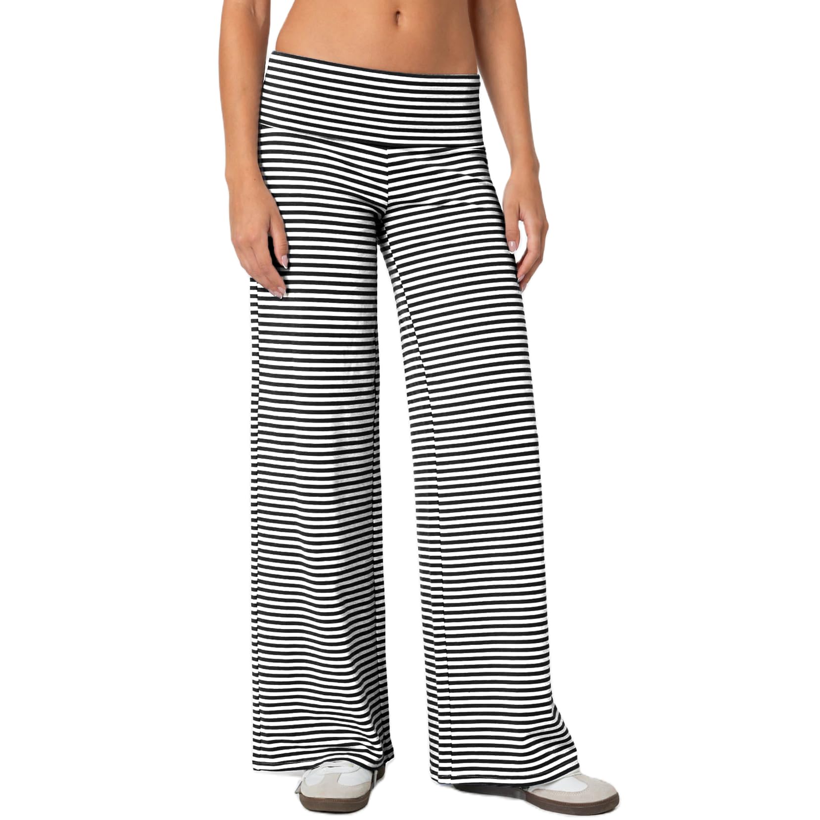 Women Striped Fold Over Wide Leg Pants Elastic Waist Casual Low Rise Cute Lounge Pants