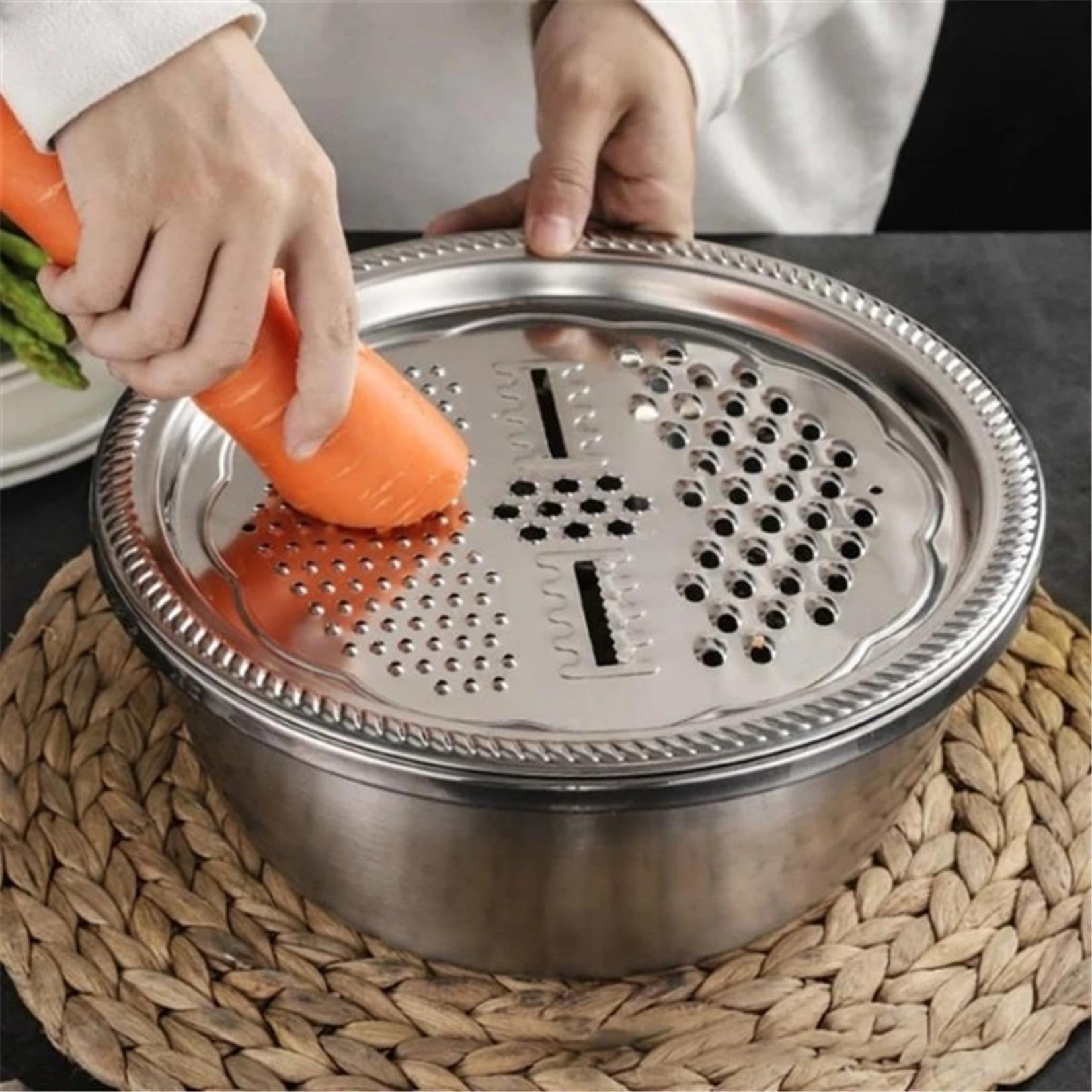 Edelstahl Reibe Schüssel Set, 3 in 1 Multifunktionales Schneide- und Drainagebecken zum Zerkleinern von Käse, Gemüse und Salaten