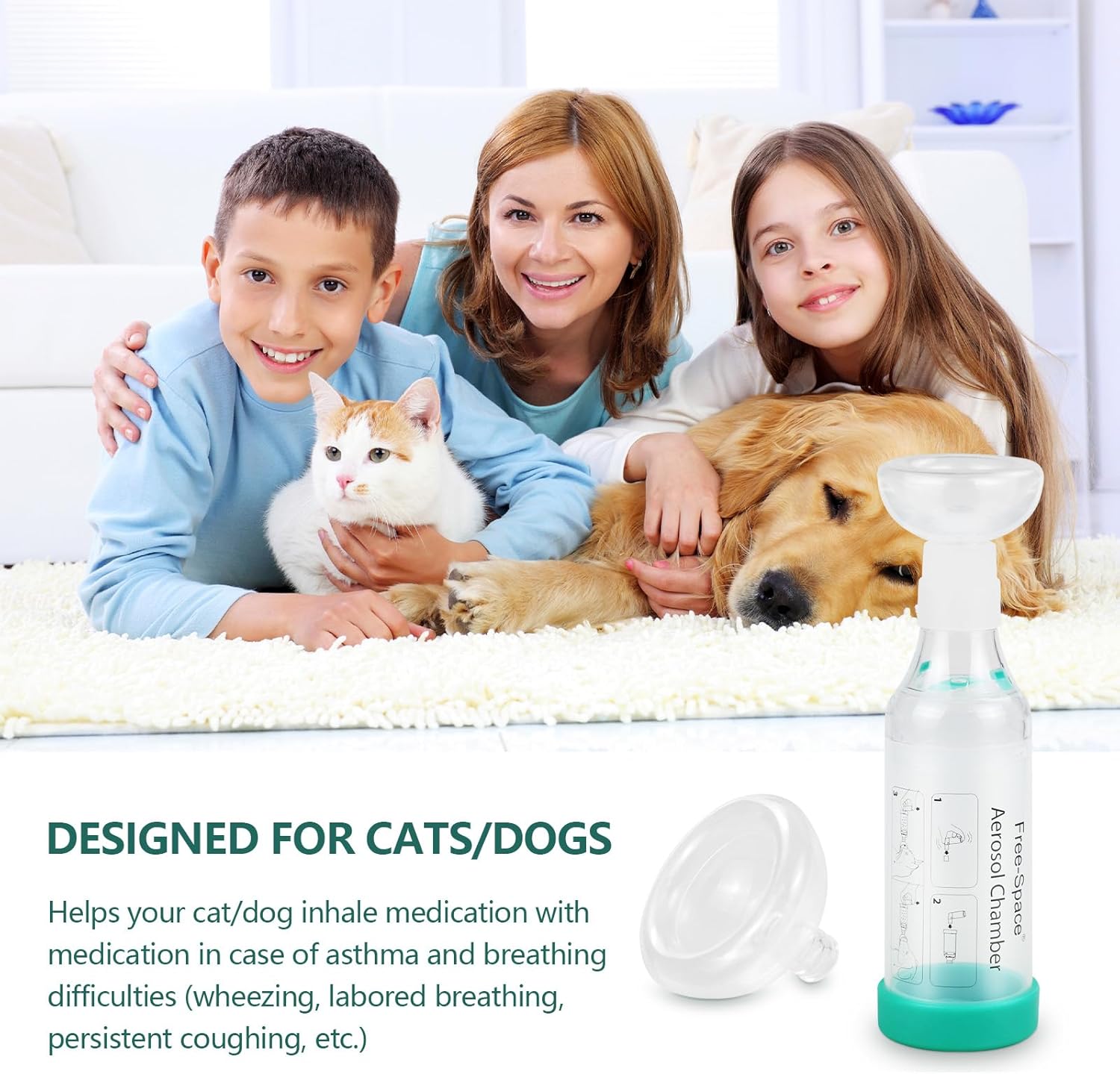 Cat Handheld Inhaler Spacer with 2 Masks Helps with Breathing & Delivering Medication Fits