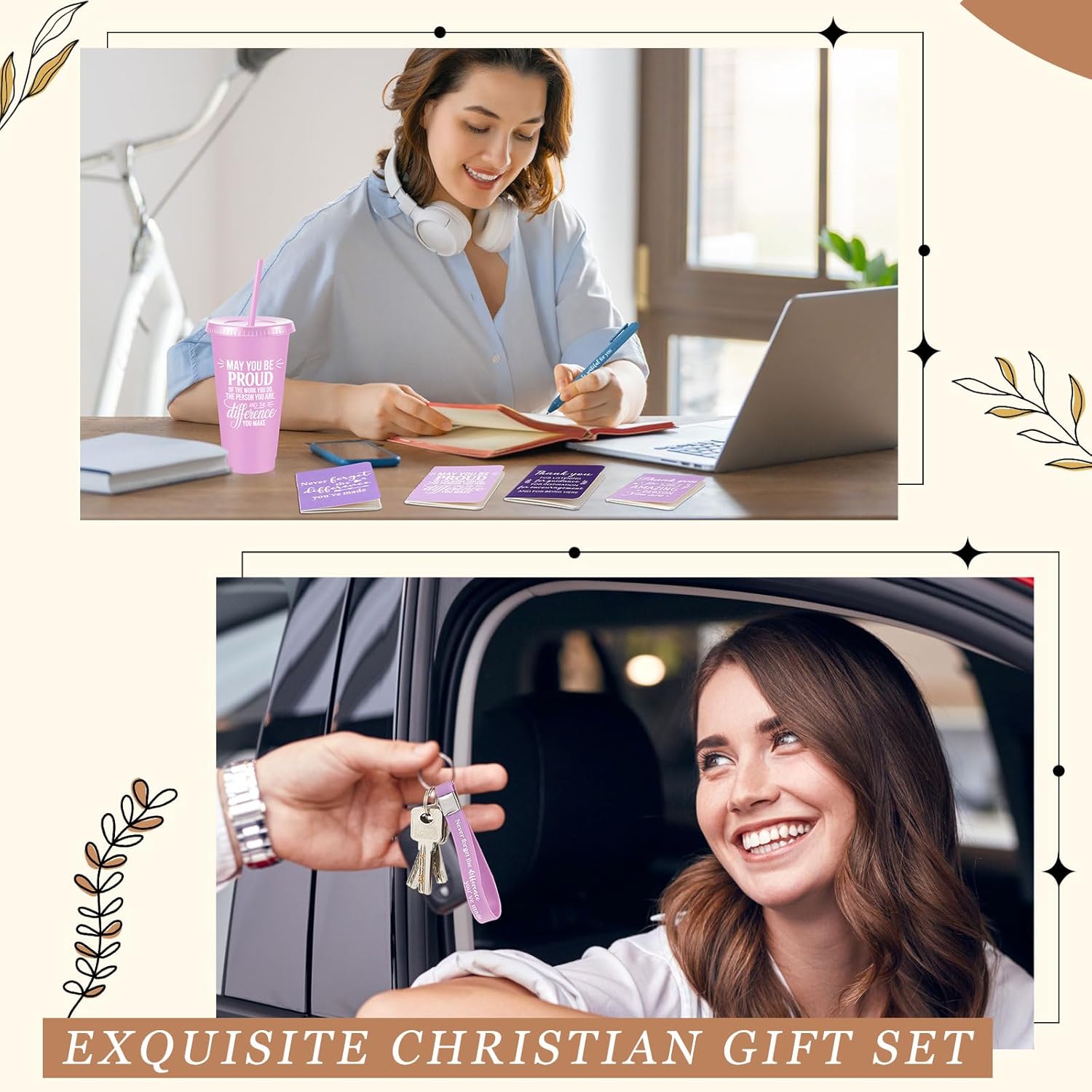 12 Sets / 48 Pcs Inspirational Appreciation Gifts Thank You for Coworkers, 24 oz Plastic Cup with Lid Straw Notebooks Ballpoint Pens Keychain Associate Appreciation Gifts (Purple) - Image 7