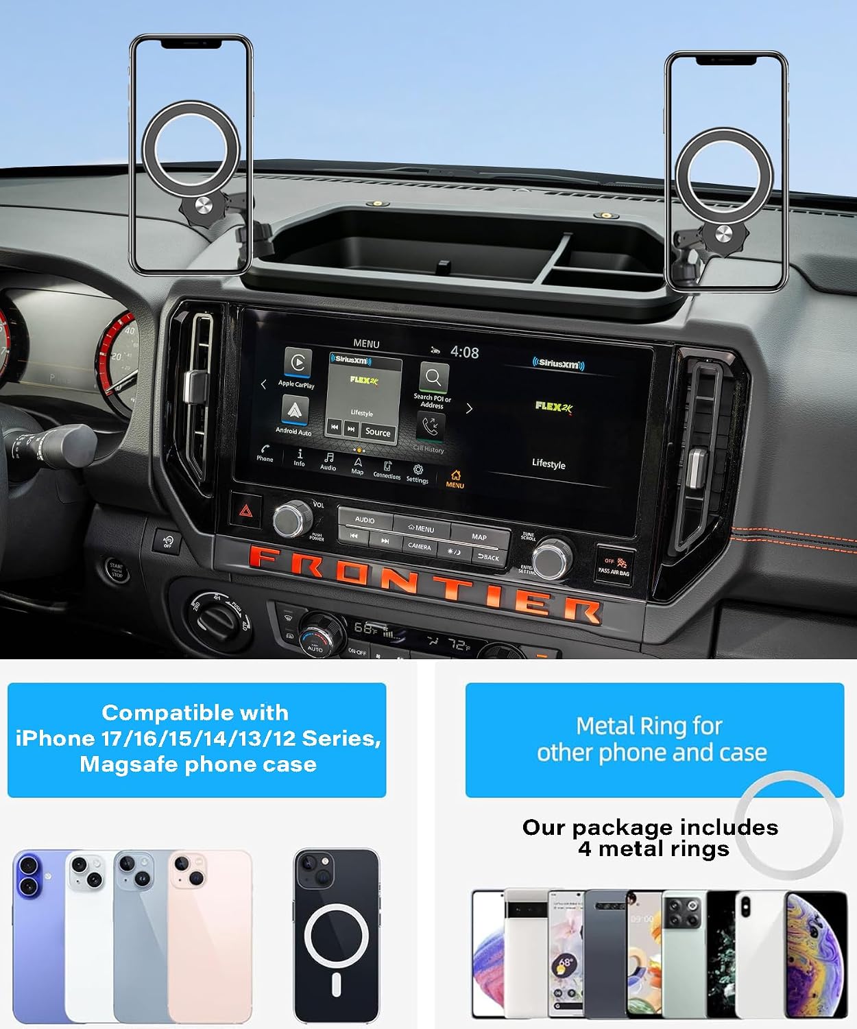 Car Phone Holder for Nissan Frontier 2025 2026 Accessories Apply to 12.3 Inch Touchscreen Fixed Clip MagSafe Cell Phone Mount with Dashboard Storage Tray Hands-Free 360° Rotation