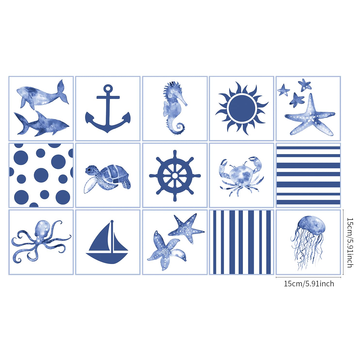 Ulticool – Adesivi impermeabili per piastrelle - Adesivi per pesci, mare, acquario, conchiglie - 15x15 cm - 15 pezzi di adesivi per piastrelle autoadesivi in foglio - per pareti del bagno - Parete