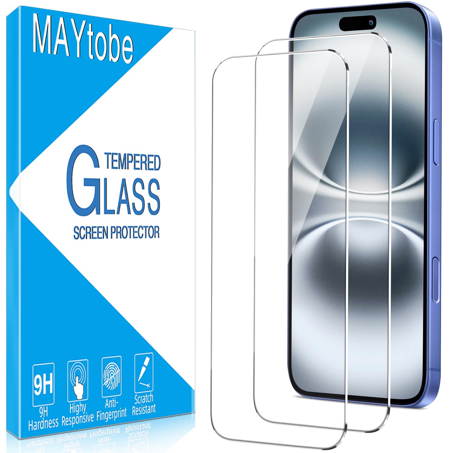 MAYtobe [2-Pack Screen Protector for iPhone 16 Tempered Glass, 9H Hardness, Case Friendly, No Bubbles, Anti Scratch, Easy To Install