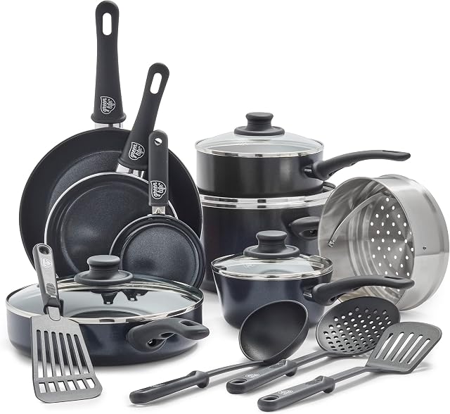 GreenLife Soft Grip Diamond Healthy Ceramic Nonstick, 16 Piece Cookware Pots and Pans Set, PFAS-Free, Dishwasher Safe, Black