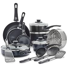 GreenLife 16 Piece Ceramic Nonstick Pots &amp; Pans Cookware Set, Black | PFAS-Free Nonstick Coating, Stockpot, Frying Pans, Saucepans, Saut&eacute; Pan, Stay-Cool Handles, Dishwasher &amp; Oven Safe up to 350F