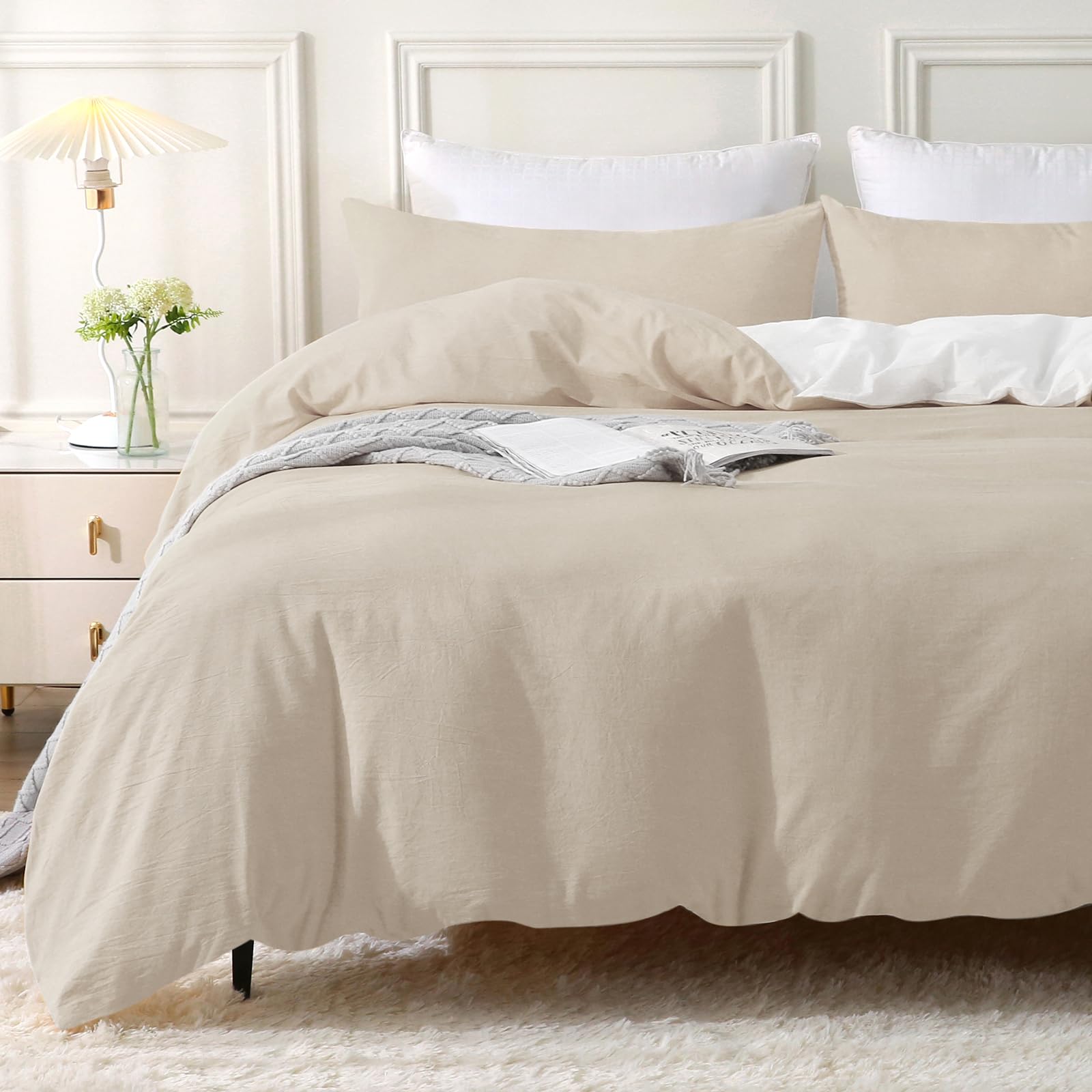 Housse de couette 240x260 coton lavé beige parure lit 3 pièces