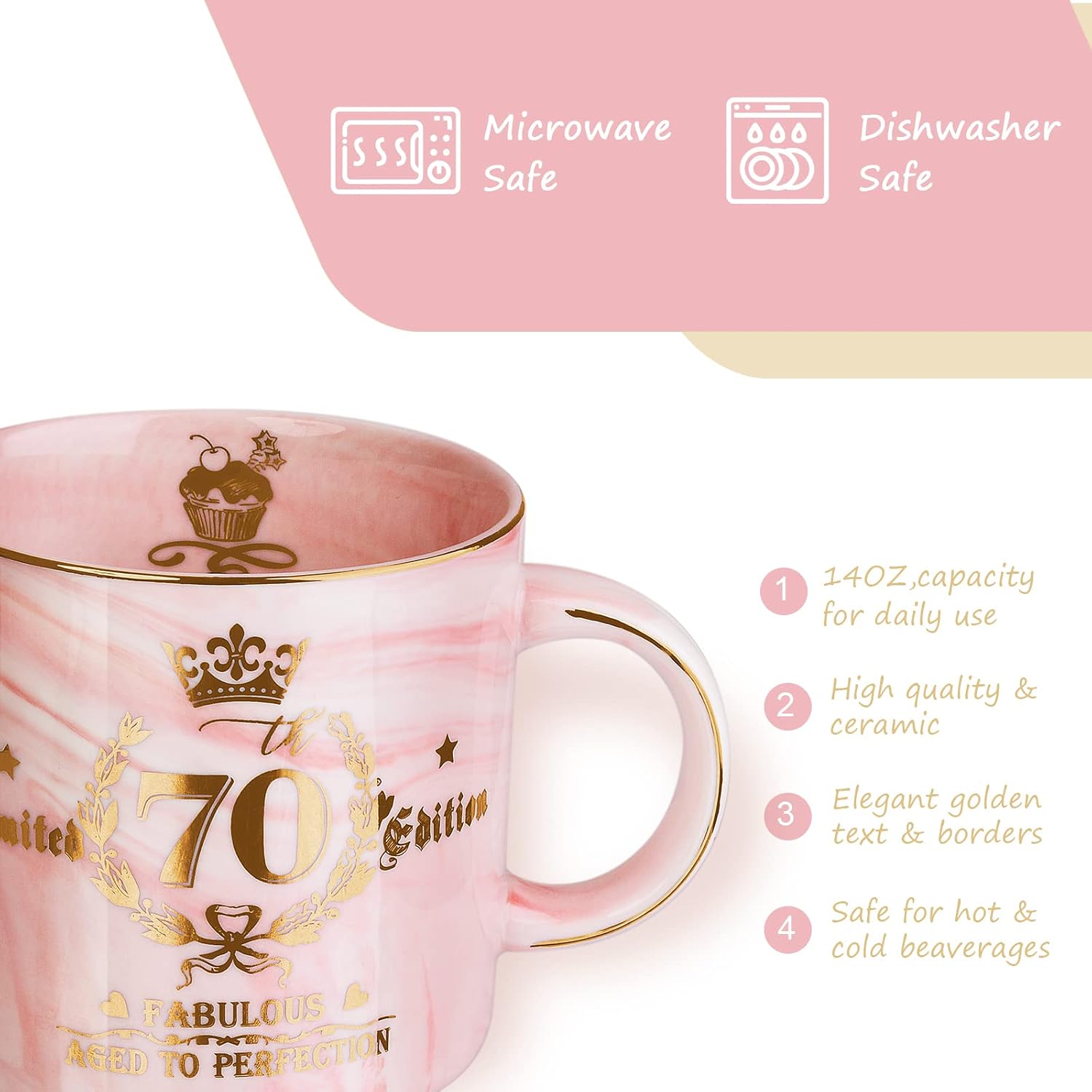 70th Birthday Gifts for Women Fabulous 70 Aged to Perfection, 14oz Pink Ceramic Marble Coffee Mug with Golden Pattern - Image 4
