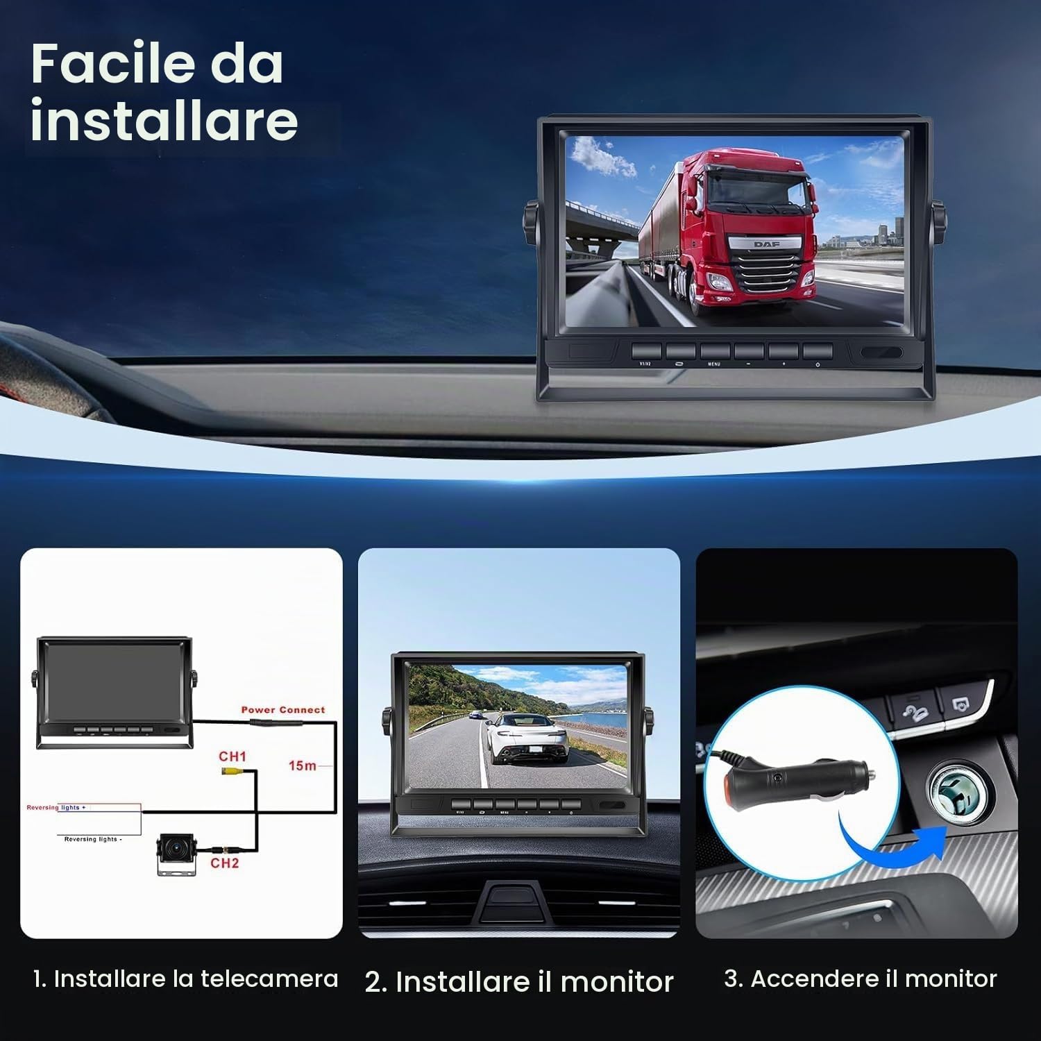 VECHTEL Retrocamera Camper Telecamera per Auto, AHD 1080P 7" Monitor LCD e Kit, Telecamera Posteriore con Cavo da 15M, Visione Notturna IP69, Resistente all'Acqua, Adatto per Autocaravan Camion