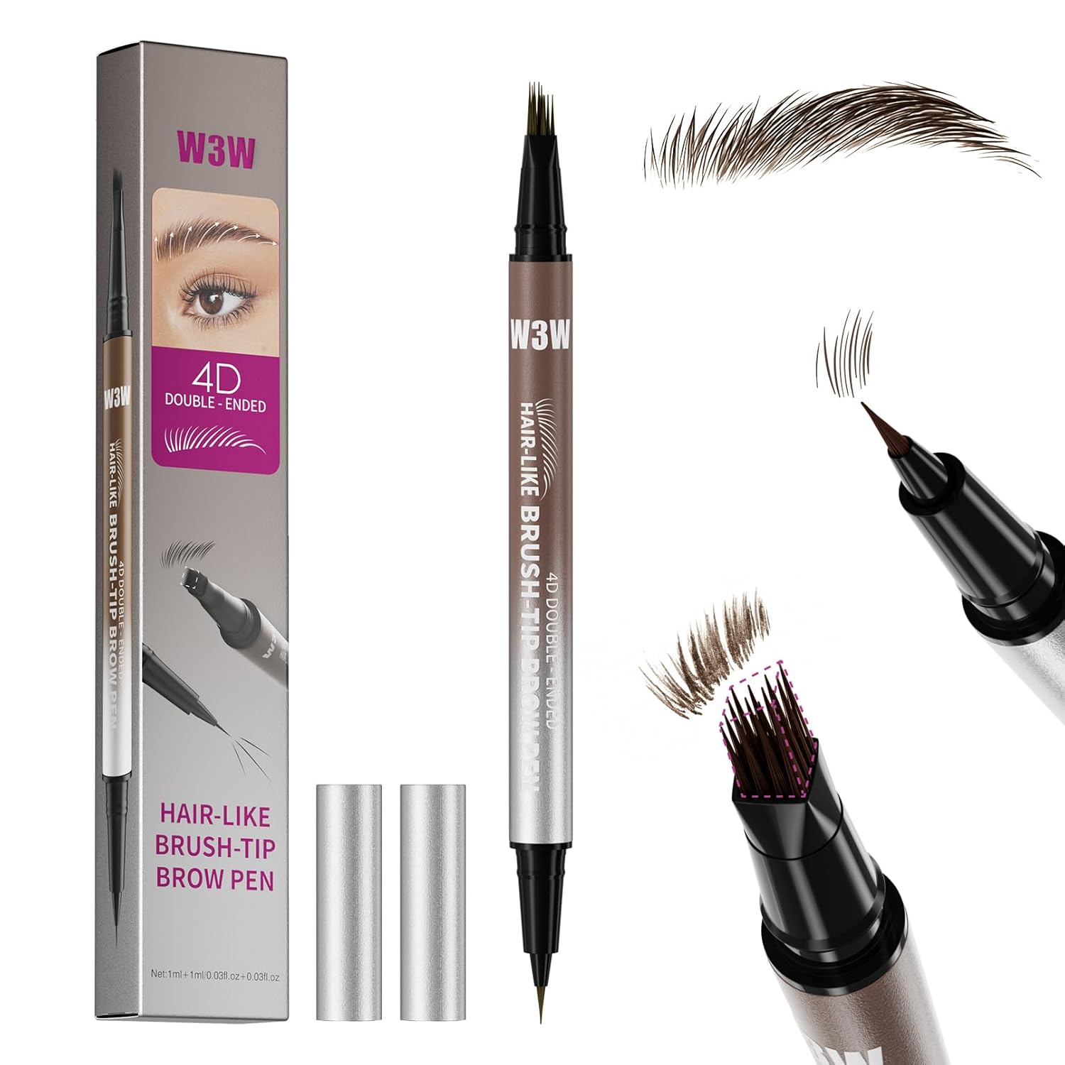 Eyebrow Pencils for Women, W3W 4D Dual-Ended Brow Pen, Angled Square Tip + Ultra-Fine Brush Tip, Waterproof Smudge-Proof, Natural Hair-Like Strokes, Black Brown (Espresso/Deep Brown)