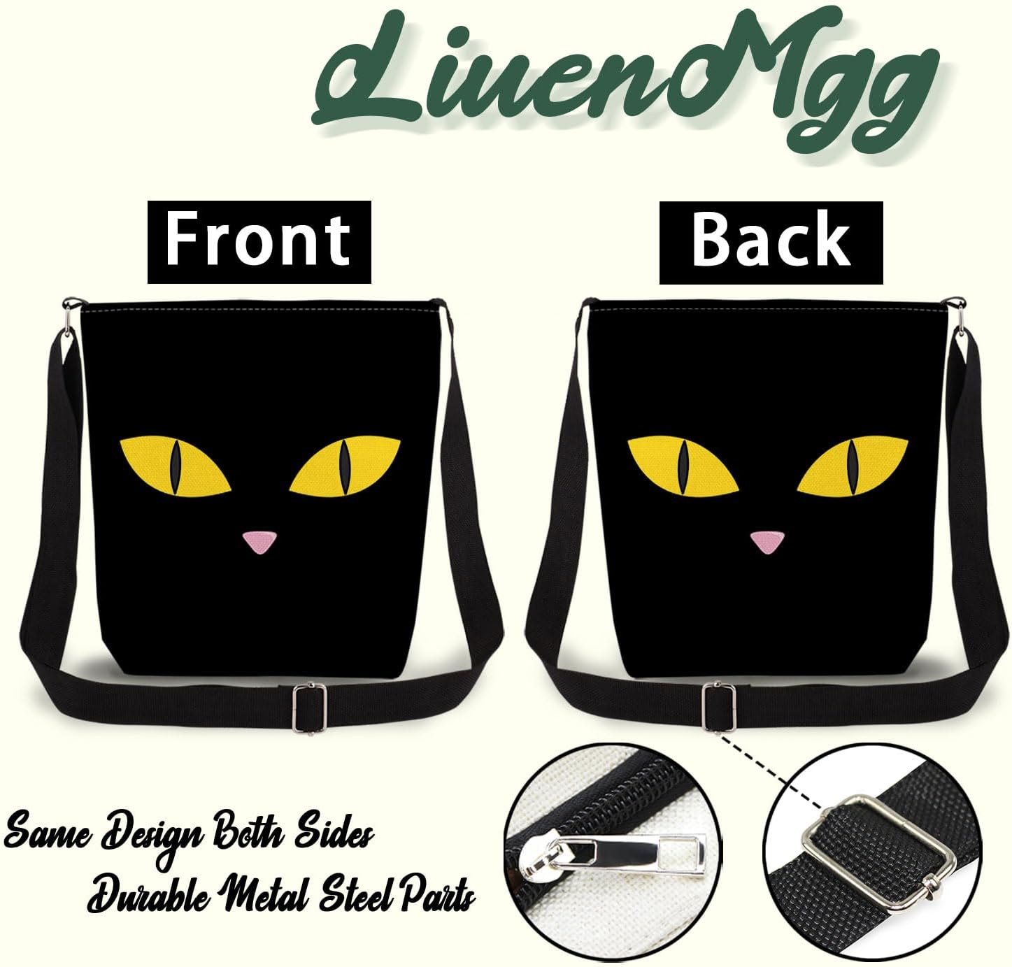 Black Cat Face Print Canvas Crossbody Bag, Adjustable Strap Lightweight Purse with Top Zipper & Inner Pocket, Daily Shoulder Bag Halloween Present for Women - Image 5