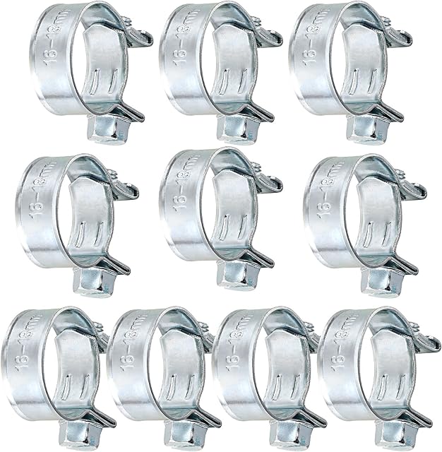 10 Pcs Hose Pipe Clamps Assortment Kit, 10 Sizes 7-18mm Stainless Steel Mini Fuel Injection Adjustable Tube Hose Clips for Water Pipe Plumbing Automotive and Mechanical Application (16-18mm)