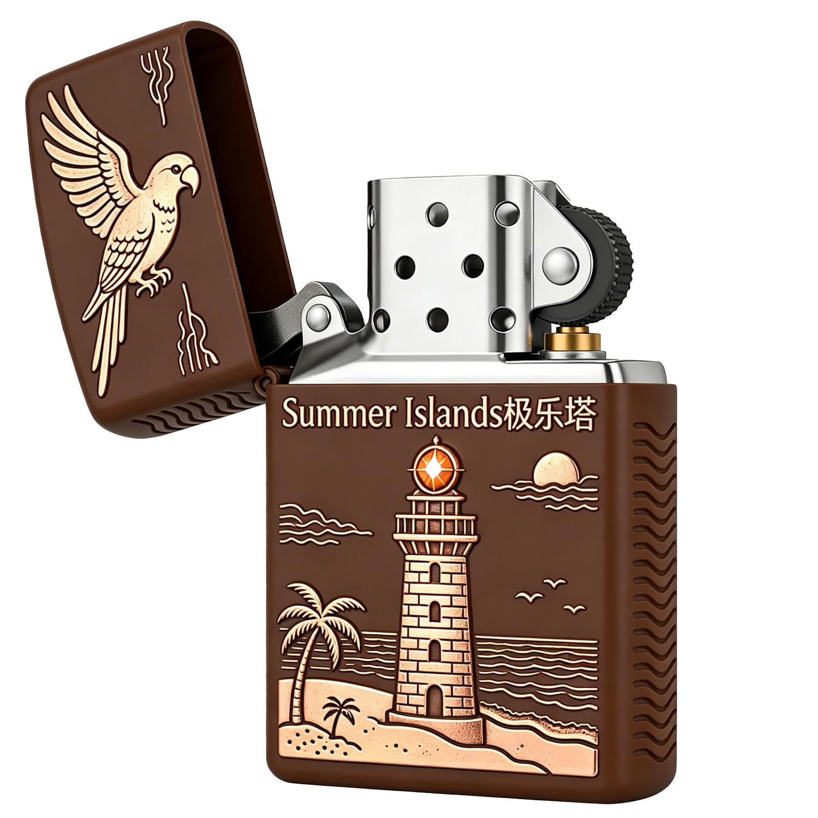 Vintage Lighthouse Parrot Carving Kerosene Lighter Windproof Reusable Wheel Grinding Open Flame Lighter for Daily Use (B)