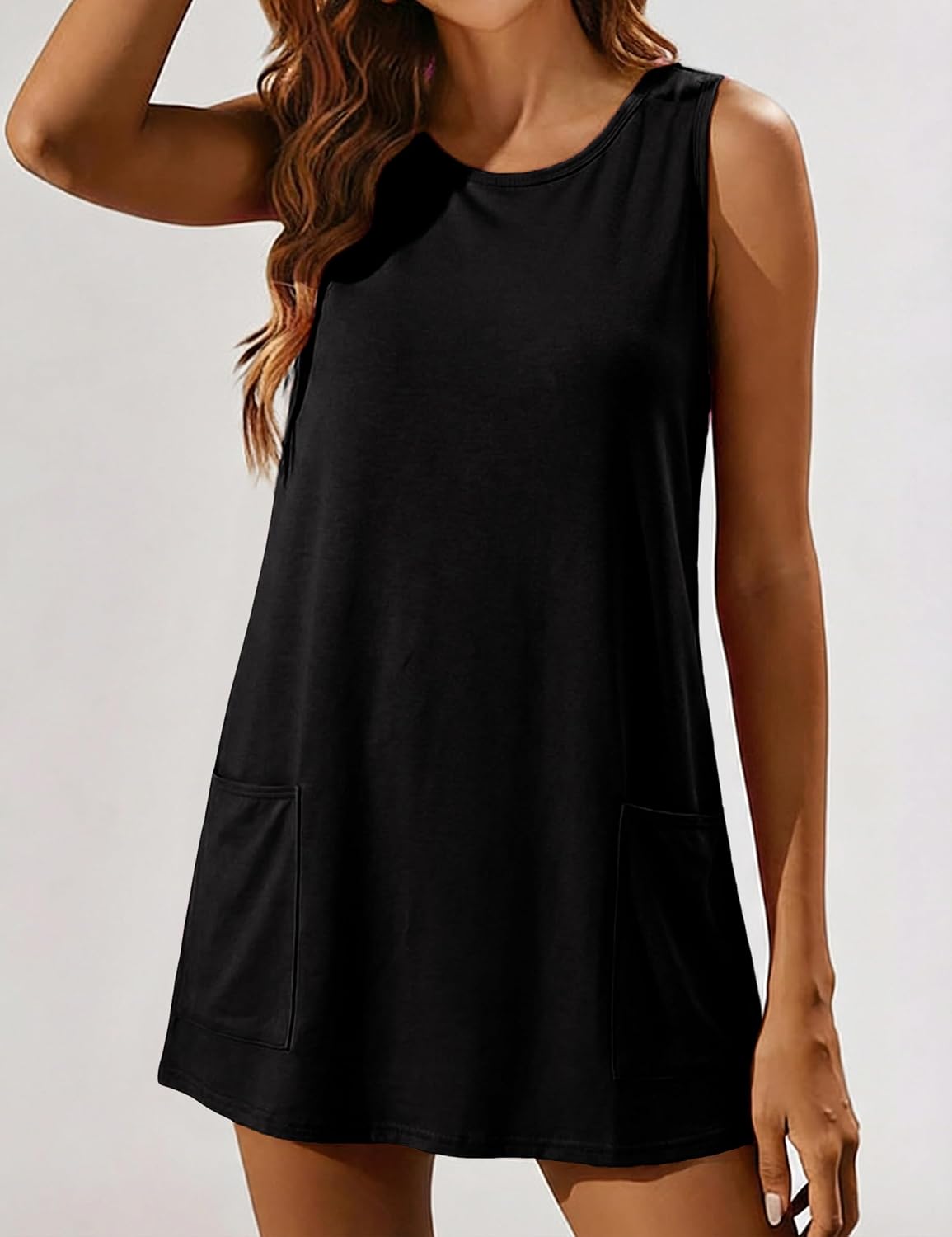 Athlisan Womens Athletic Mini Dress Built in Shorts Sleeveless Tennis Workout Summer Crewneck Mini Romper Dress with Pockets