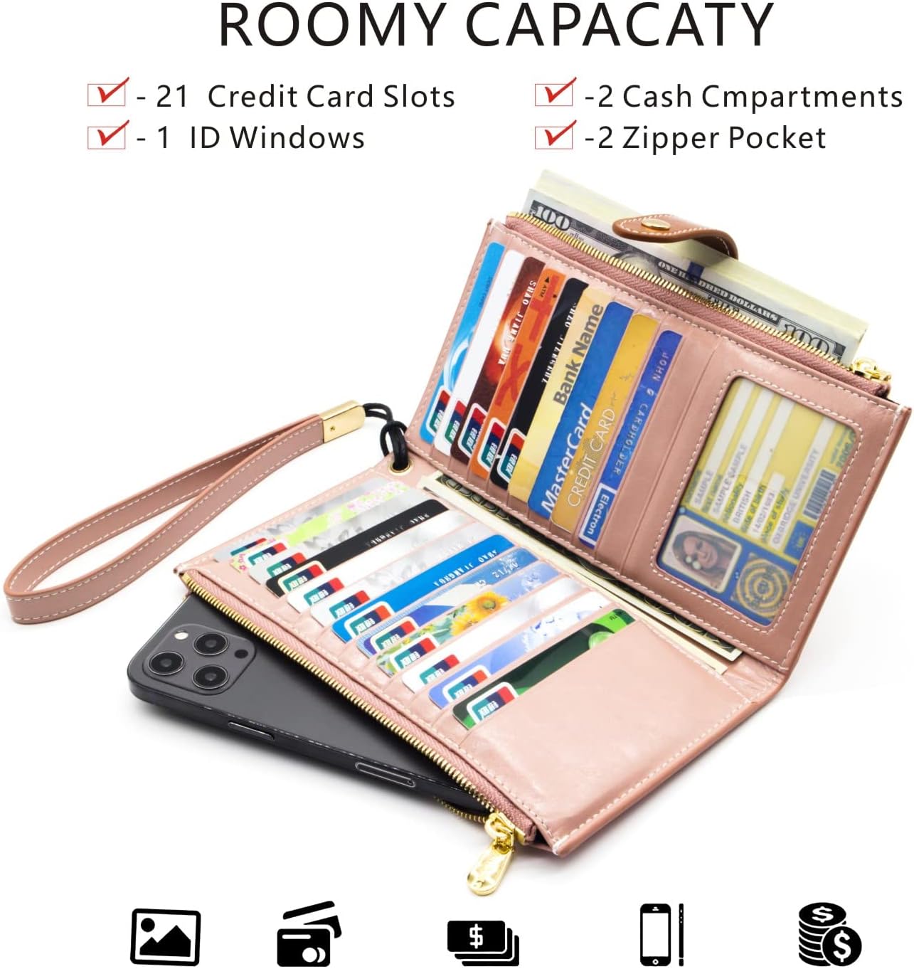 ANDOILT Wallet Women Men RFID Blocking Genuine Leather Bifold Multi Card Organizer Wristlet Purse with Zipper Pocket Cell Phone Handbag Pink - Image 3