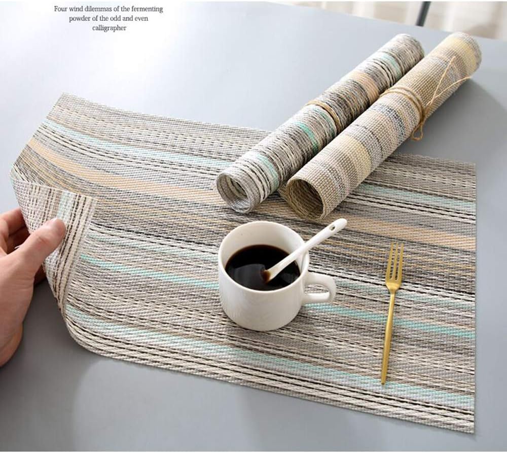 Place Mats Set of 6, Heat Insulation Placemats Stain Resistant Placemat, Durable Cross Weave Woven Vinyl Kitchen Table Mat for Dining Table. (Blue Stripes): Home & Kitchen