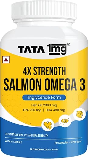 Tata 1mg Salmon 4X Omega | Omega-3 Fish Oil for Heart, Eye &amp; Brain Health | 2000 mg Salmon Fish Oil, 720 mg EPA, 480 mg DH...