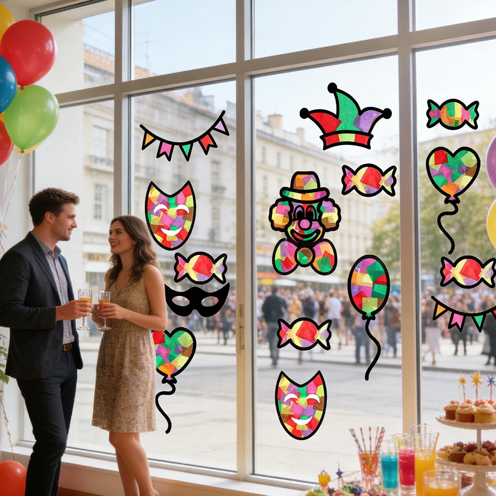 24 Piezas Payaso Pegatinas de Ventana,Imágenes para Ventana de Carnaval,Manualidad Pegatina Ventana de Fiesta Circo Carnaval para Carnavales y Fiestas de Cumpleaños