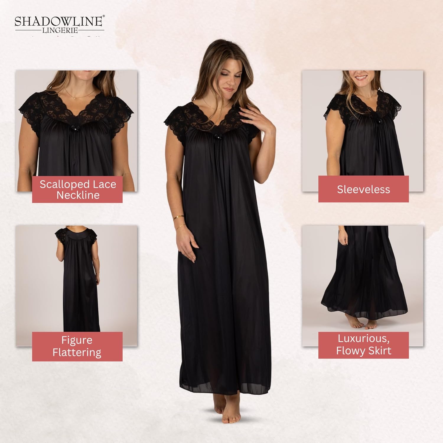 Shadowline Women's Long Flowy Figure Flattering Cap Sleeve Nightgown– Silky Floral Soft Lace Lingerie Elegant Sleepwear - Image 2