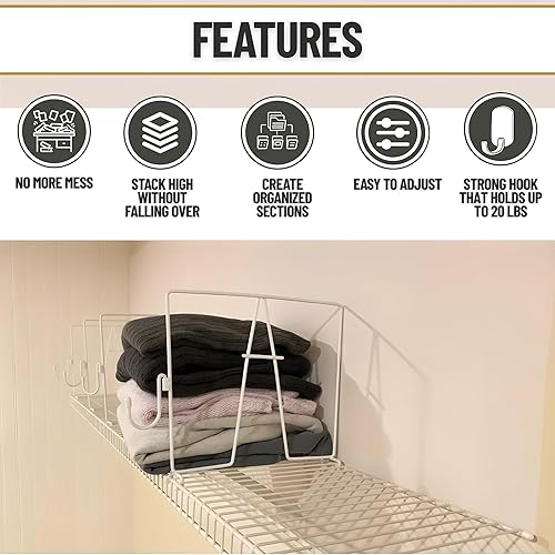 Miniatura 4 de Evelots Separadores de estantes de alambre, paquete de 4 con ganchos pendientes de patente para almacenamiento y organización extra en el armario