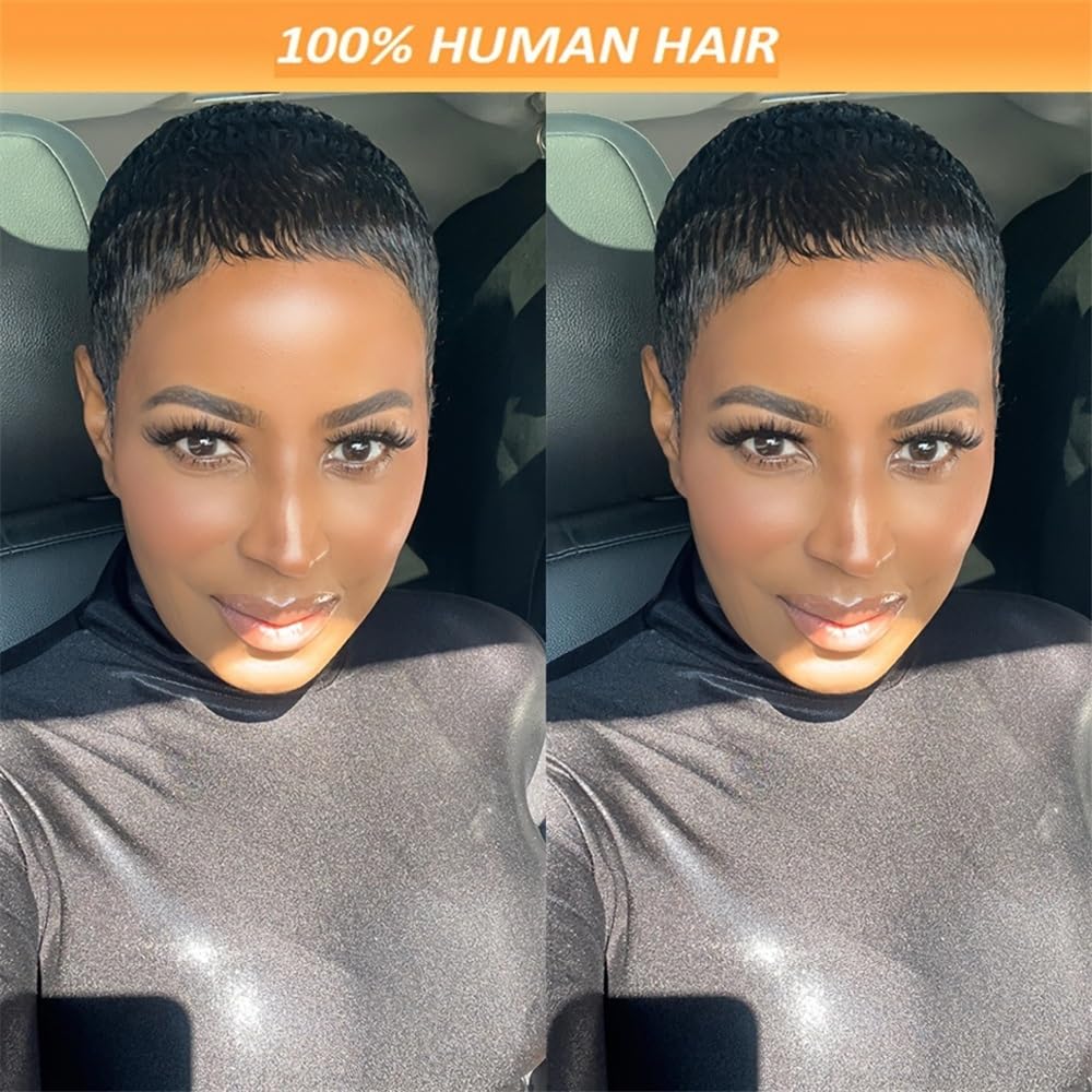6 Zoll natürliche Schwarze Echthaar-Pixie-Cut-Perücke