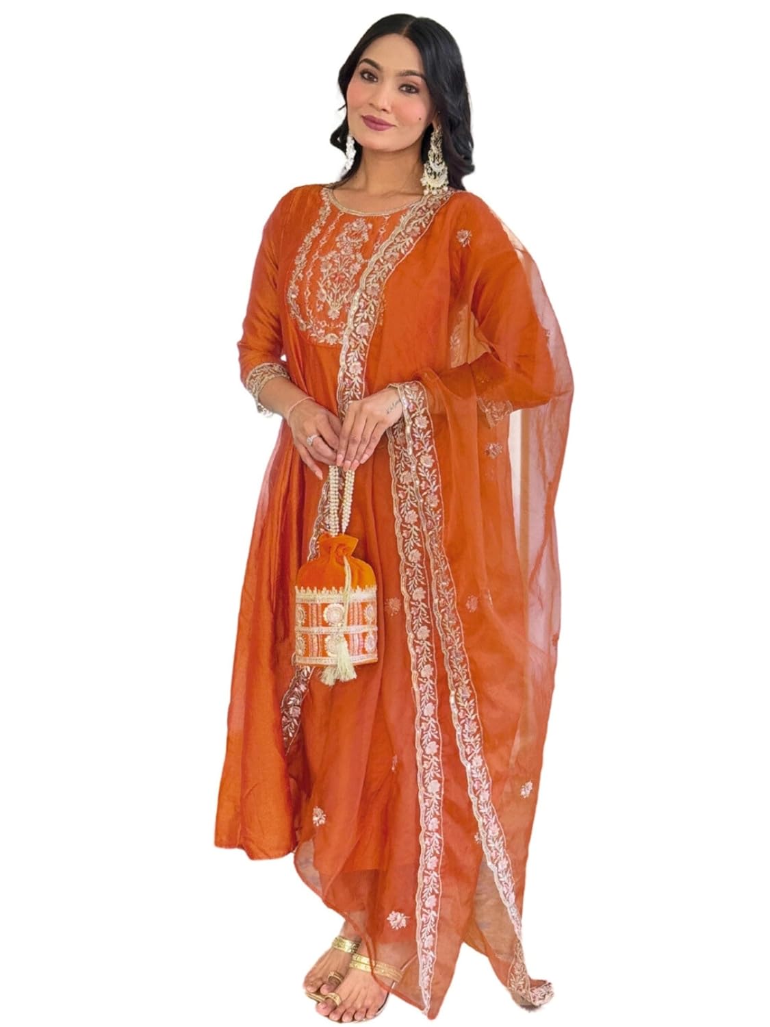 Naixa Women’s Vichitra Silk Embroidered Straight Kurta with Pant and Dupatta Sets (Available in Plus Size) (NX-618)