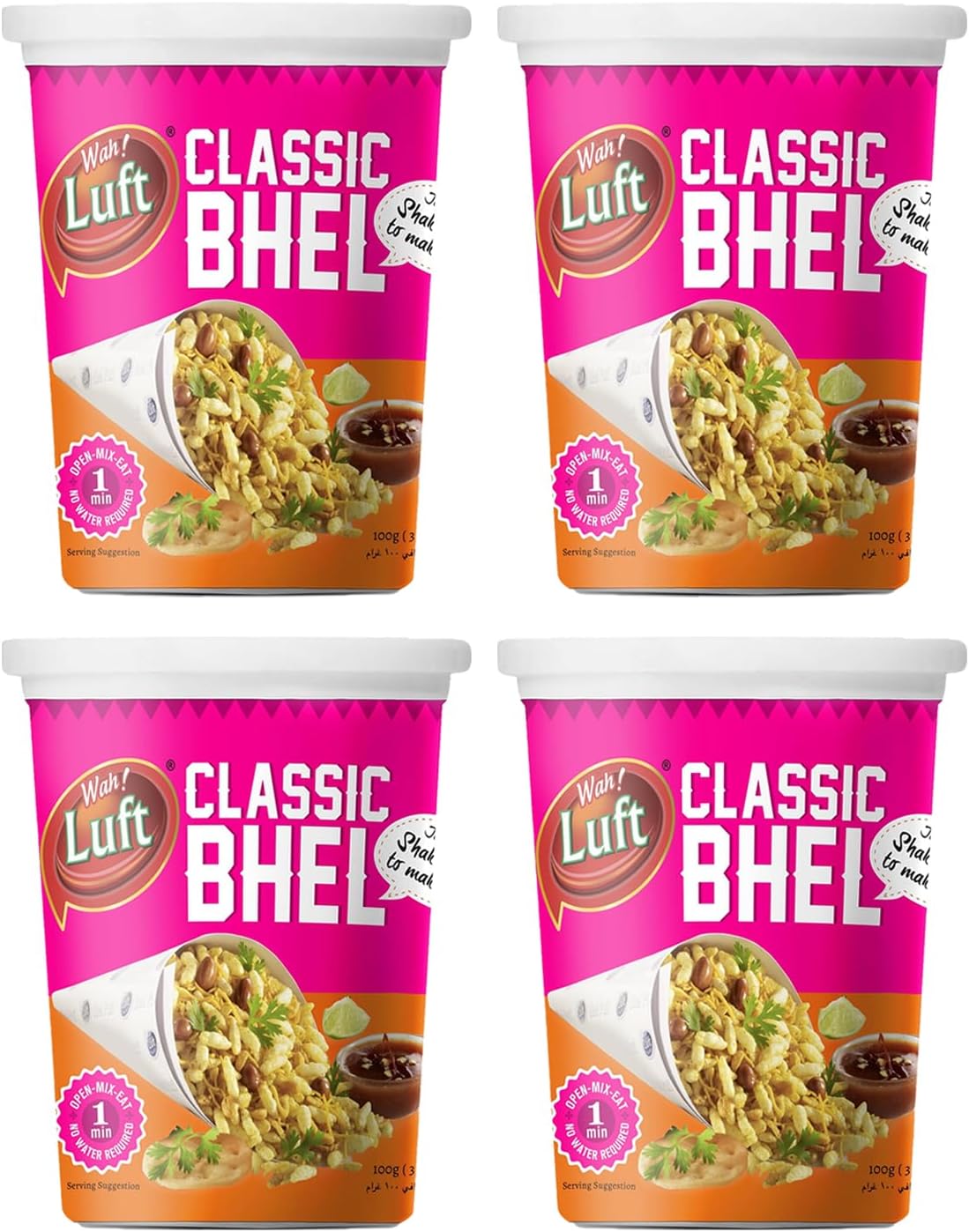 Wah!Luft Instant And Delicious Bhel Puri Cup, 100% Vegetarian, Masala, Crispy And Crunchy, Everyday Fresh, Healthy & Hygienic, Delicious Chaat Special Combo Pack - 100G (Pack Of 4)