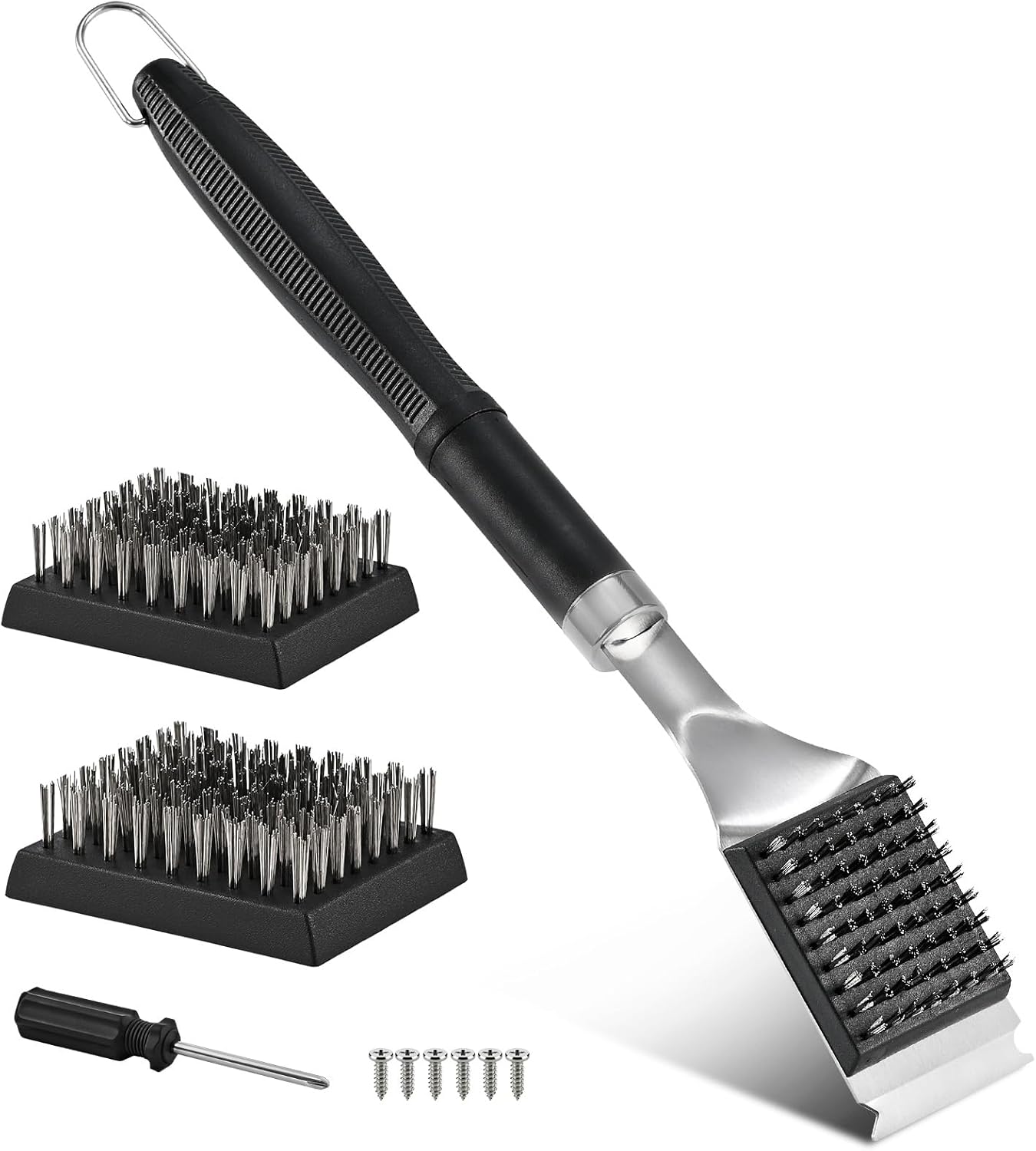 Grill Brush and Scraper for Barbecue,Bristles and Extra Long Handle, BBQ Wire Brush for Charcoal Grill, Electric Grill, Gas Grill, 2 Brush Replacements （Do not use Over an Open Flame）